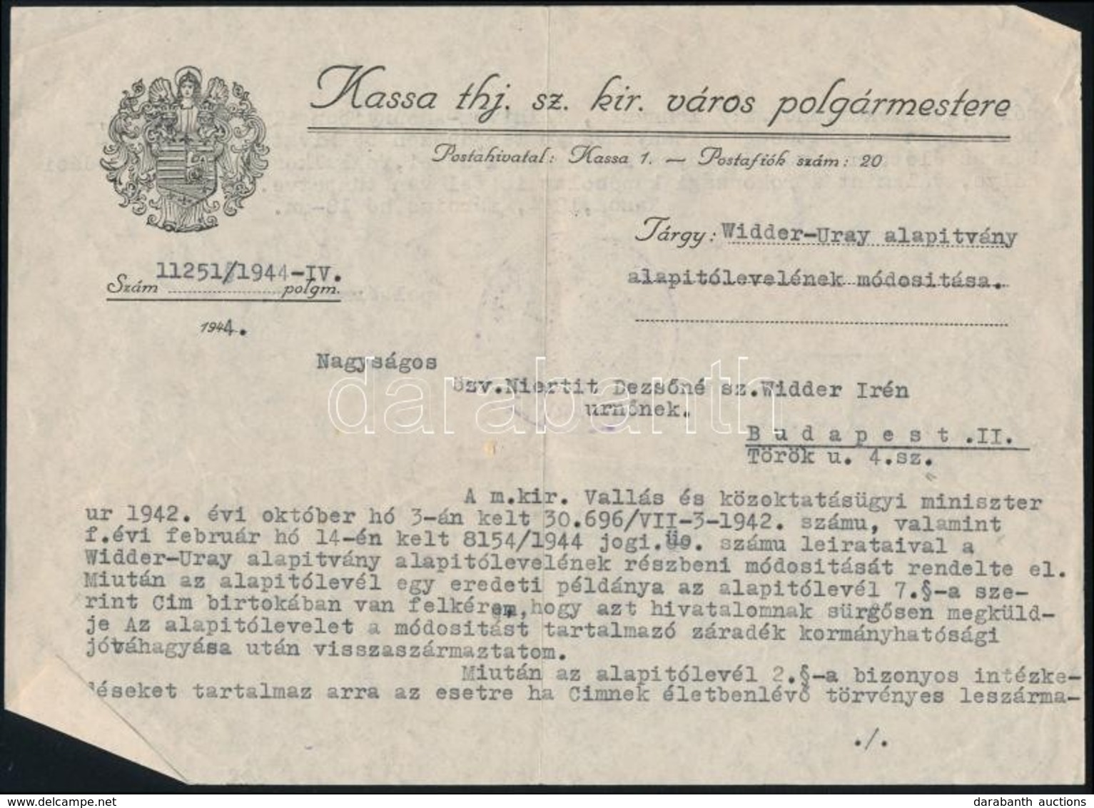 1944 Irat Pohl Sándor Kassai Polgármester Aláírásával - Unclassified