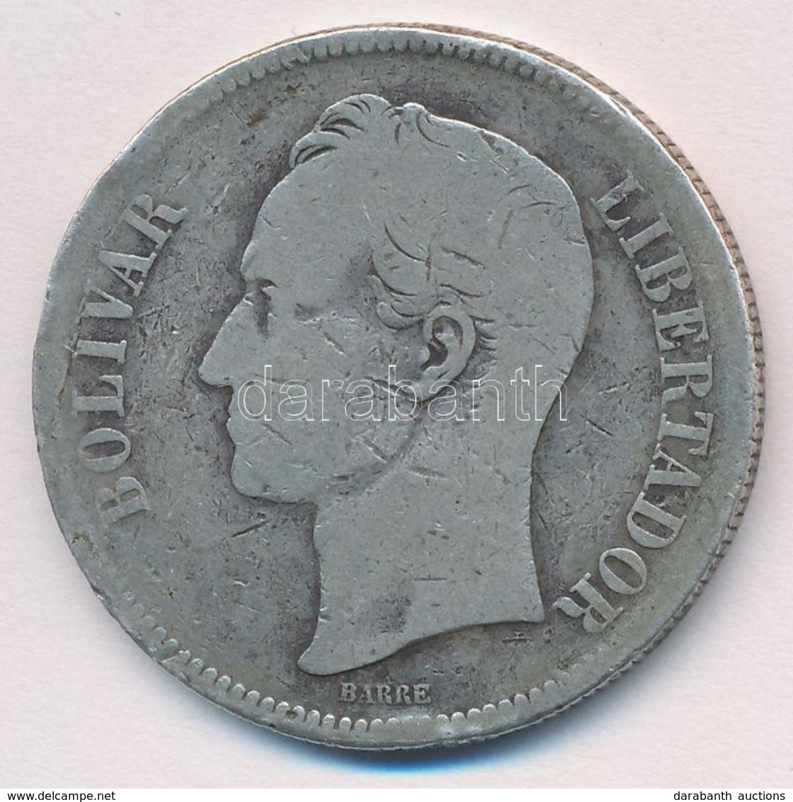 Venezuela 1887. 5B Ag (24,32g) T:3 Ph.
Venezuela 1887. 5 Bolivares (24,32g) C:F Edge Error
Krause Y#24.1 - Unclassified