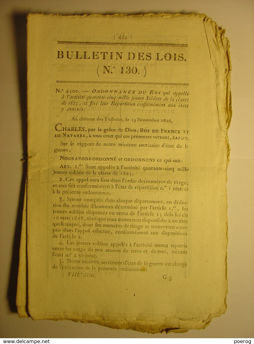 BULLETIN DES LOIS De 1826 - APPEL A L'ACTIVITE DES SOLDATS DE LA CLASSE DE 1825 ET REPARTITION - LES IFS BOUVILLE - Wetten & Decreten
