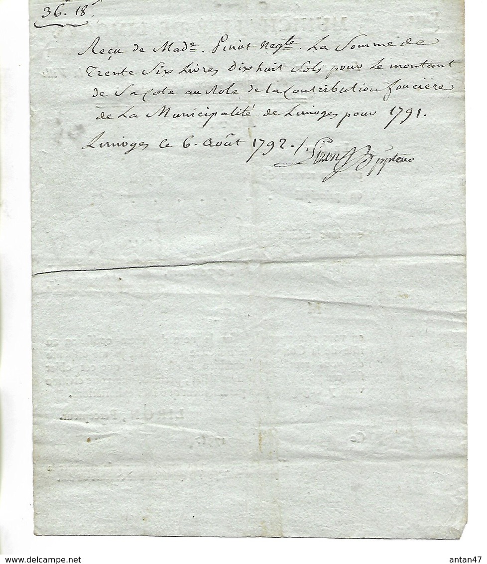 Document 1791 / Municipalité De LIMOGES 87 / Extrait Contribution Financière Pour Mme PINOT / Percepteur LIRON - ... - 1799