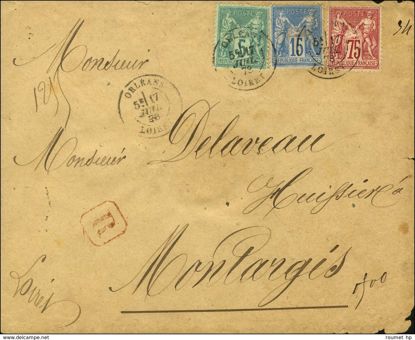 Càd T 18 ORLEANS / LOIRET / N° 71 + 75 + 90 Sur Lettre Recommandée Au 3ème échelon De Poids Pour Montargis. 1878. Très R - 1876-1878 Sage (Type I)