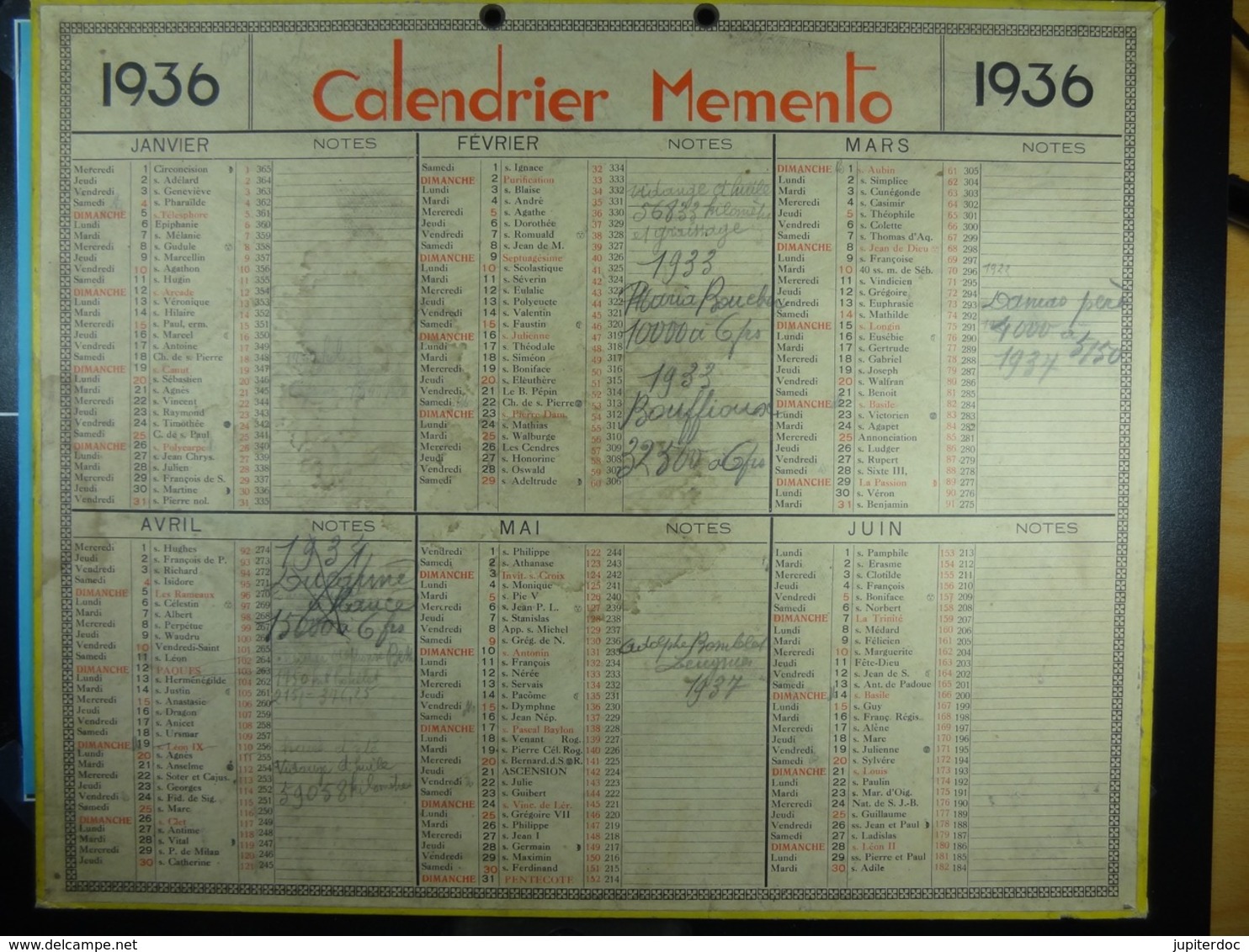 Calendrier Memento 1936 Sur Carton 2 Faces (Format : 42,5 Cm X 34,5 Cm) - Groot Formaat: 1921-40