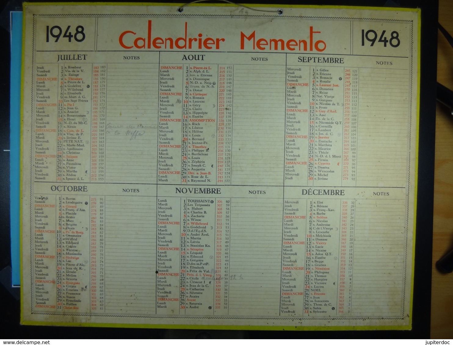 Calendrier Memento 1948 Sur Carton 2 Faces (Format : 42,5 Cm X 34,5 Cm) - Grand Format : 1941-60