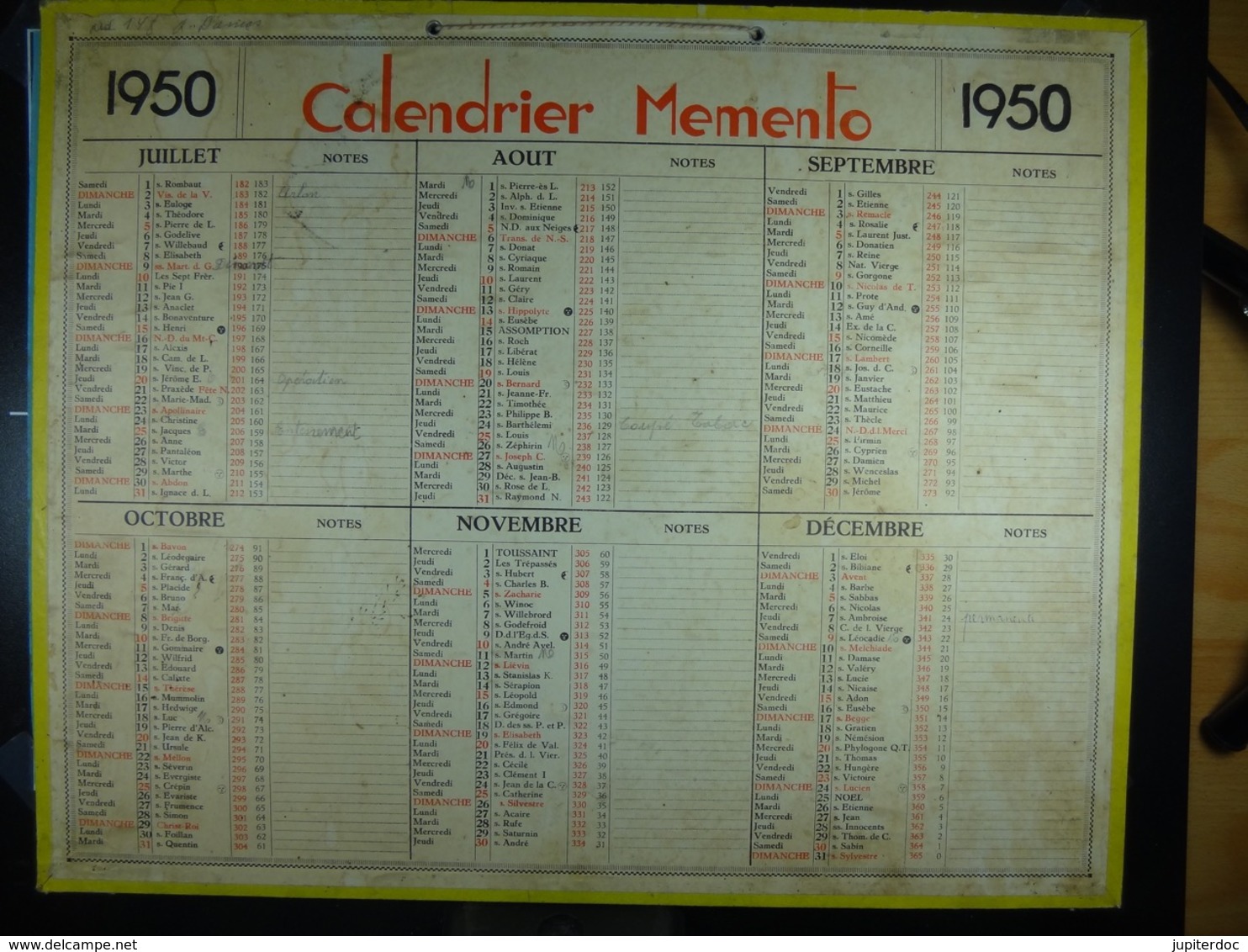 Calendrier Memento 1950 Sur Carton 2 Faces (Format : 42,5 Cm X 34,5 Cm) - Groot Formaat: 1941-60