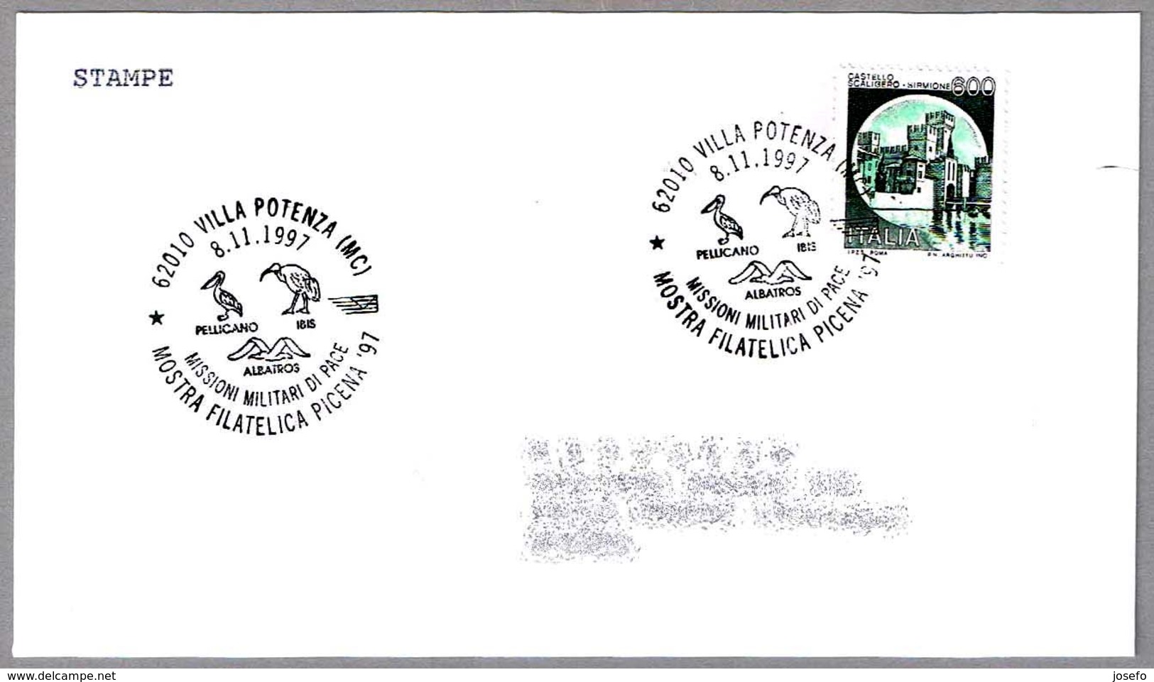 Misiones Militares De Paz - PELICANO - IBIS - ALBATROS. Villa Potenza, Macerata, 1997 - Oblitérations & Flammes