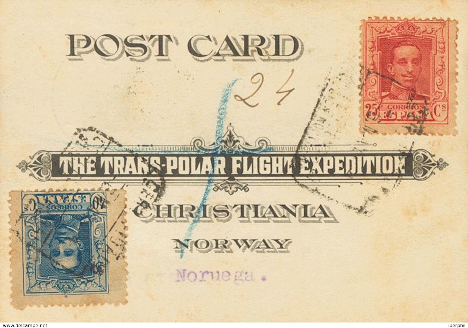 Sobre 317, 319. 1925. 25 Cts Y 40 Cts. Tarjeta Certificada "THE TRANS-POLAR FLIGHT EXPEDITION" De MADRID A CHRISTIANA Y  - Andere & Zonder Classificatie