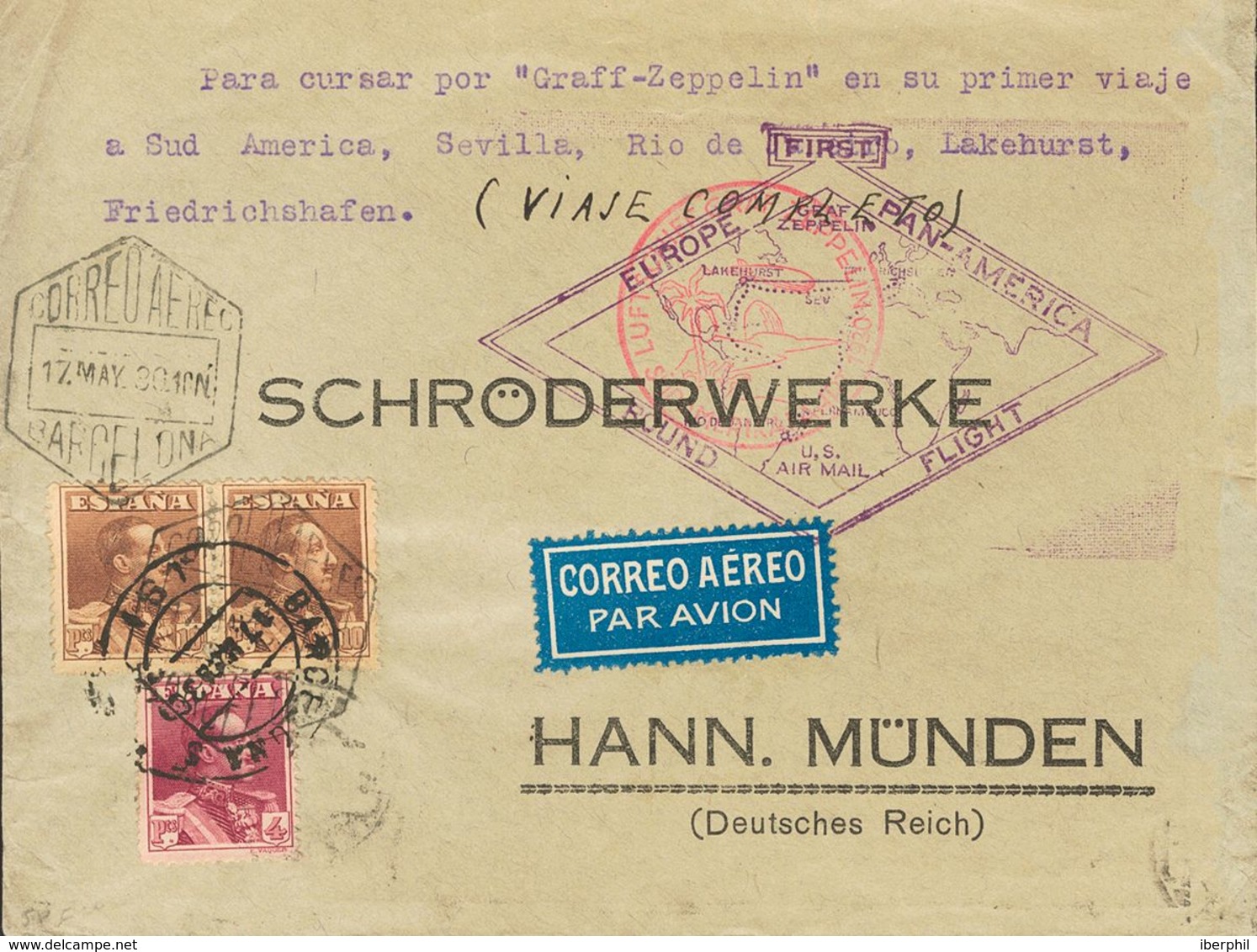 Sobre 322, 323(2). 1930. 4 Pts Violeta Carmín Y 10 Pts Castaño, Dos Sellos. Graf Zeppelin De BARCELONA A HANN MUNDEN (AL - Andere & Zonder Classificatie