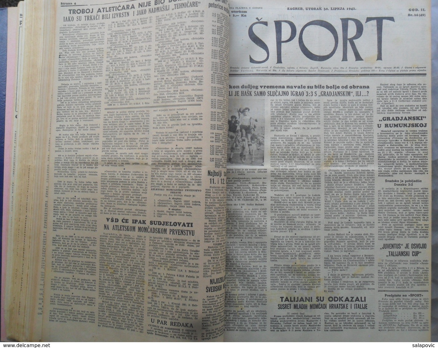 SPORT NDH NOVINE KOMPLETNA 1942 GODINA(FALI SAMO BROJ 33), UVEZANO 50 BROJEVA NDH NEWS COMPLETE 1942 YEAR, RRARE