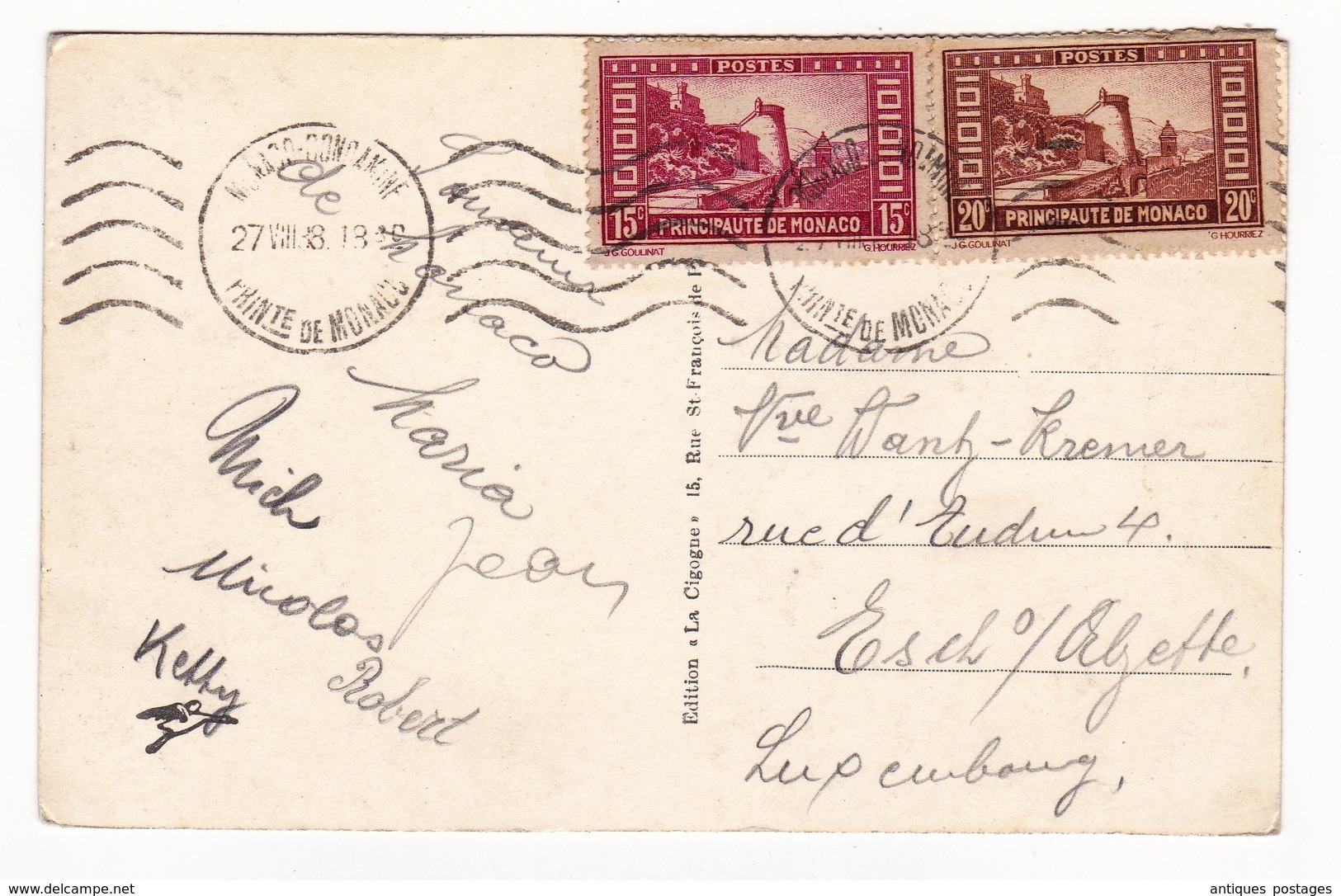 Carte Postale Monaco 1938 Monte Carlo Salle Du Trône Luxembourg - Covers & Documents