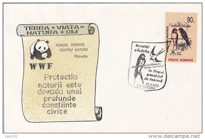 BIRDS, SWALLOWS, WWF, SPECIAL COVER, 1993, ROMANIA - Golondrinas