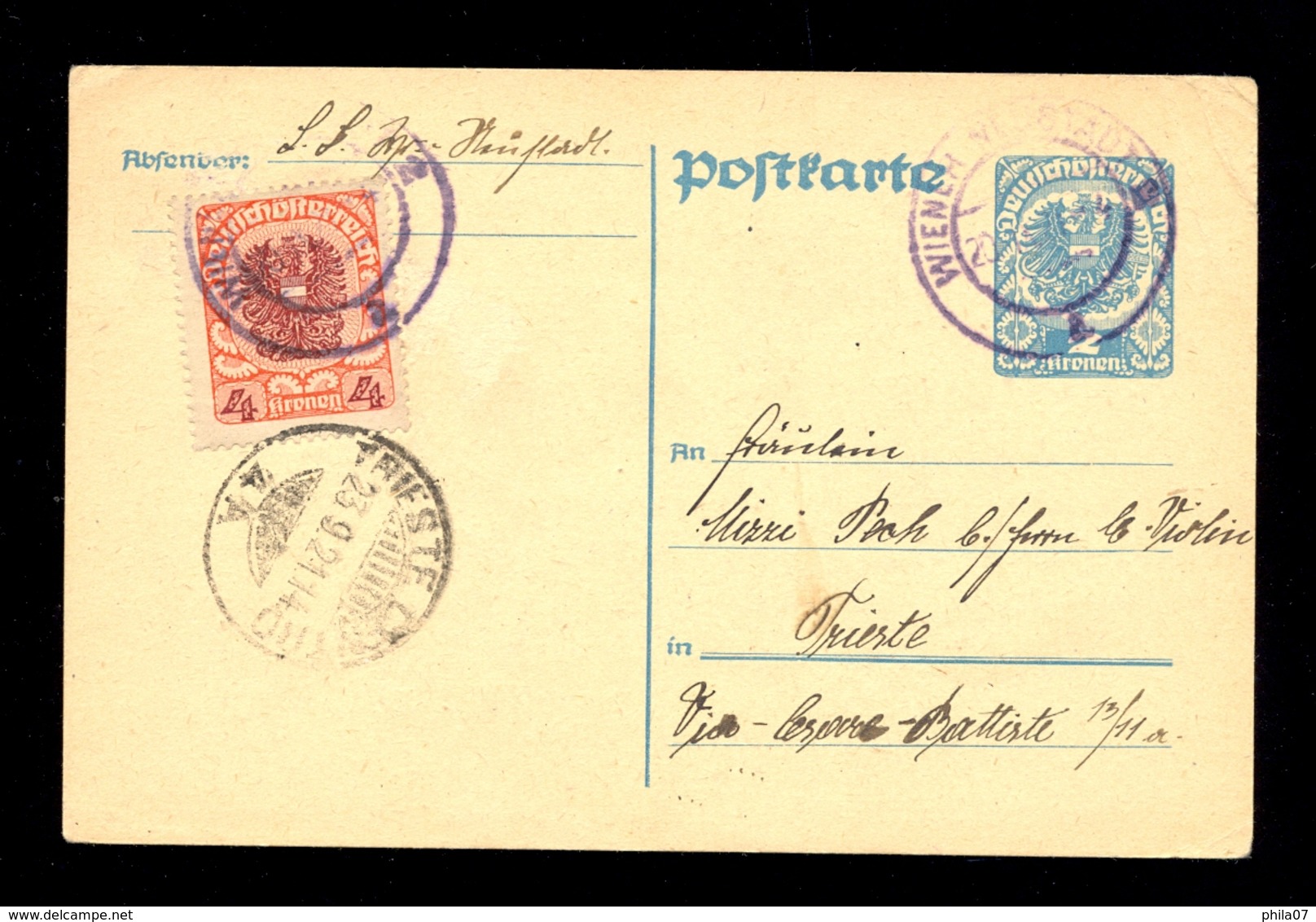 Austria - Stationery Sent From Wien To Trieste 20.09.1921,additionally Franked / 2 Scans - Other & Unclassified