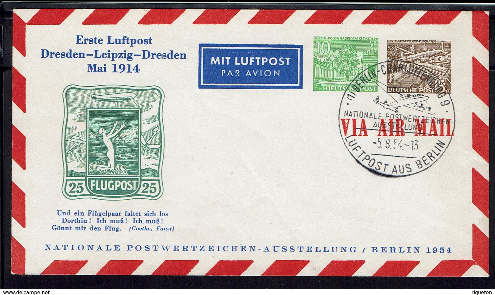 Allemagne/Berlin - 1954 - Enveloppe Entier Privé 5 + 10 P. 1er Vol Dresden-Leipzig-Dresden - B/TB - - Private Covers - Used