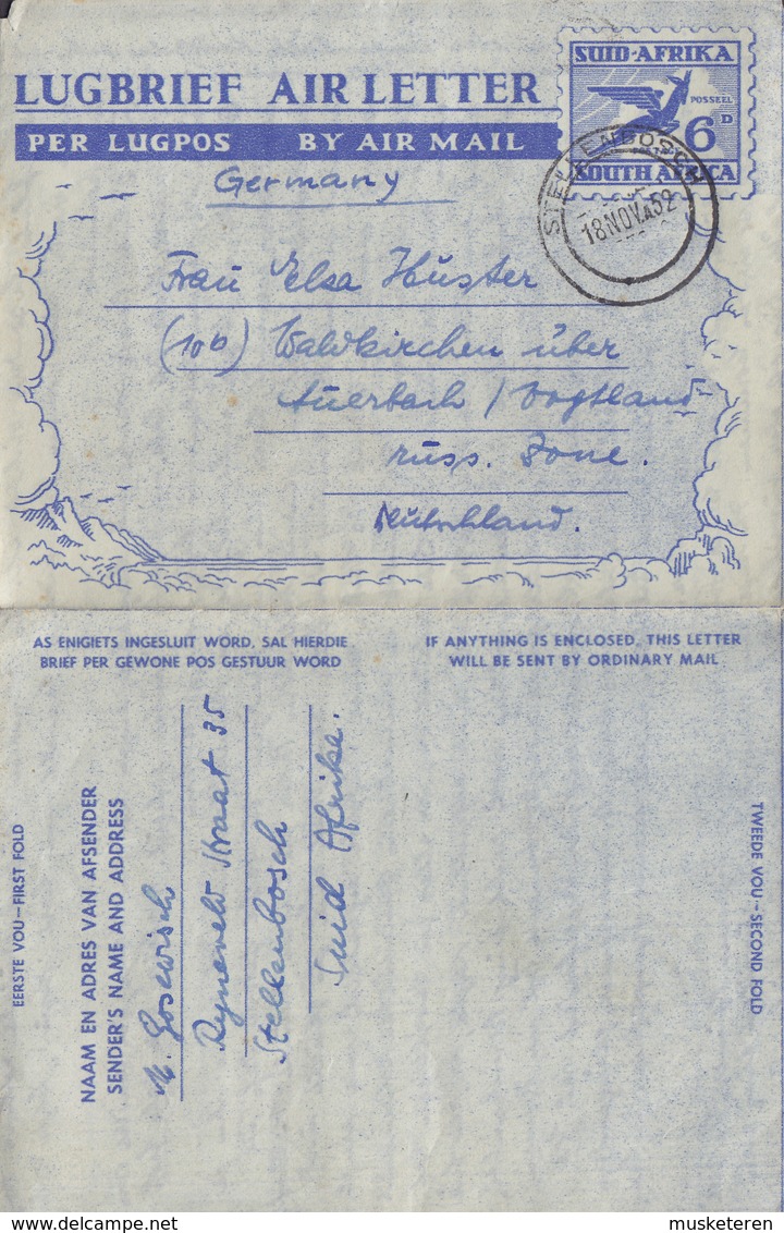 South Africa Postal Stationery Ganzsache Entier Lugbrief Airletter Aerogramme STELLENBOSCH 1952 WALDKIRCHEN Russian Zone - Luchtpost