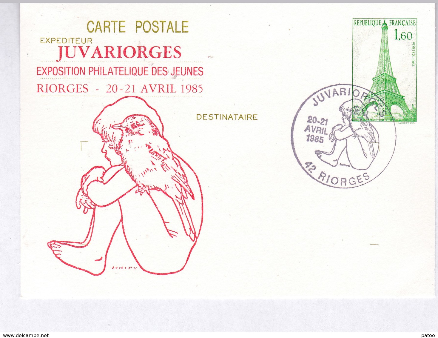 ENTIER POSTAL 429-CP1 REPIQUE  JUVARIORGES ( EXPOSITION PHILATÉLIQUE DES JEUNES )  /OBLITÉRÉ  RIORGES - Overprinter Postcards (before 1995)