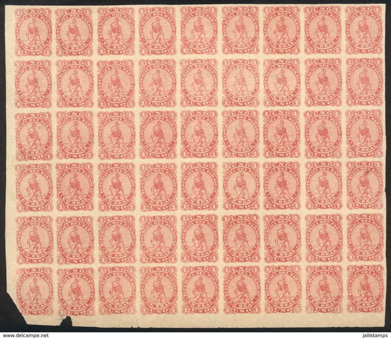 PARAGUAY: Sc.1, 1870 Lion 1R. Rose, Large Block Of 54 Stamps, Almost All MNH, Excellent Quality (2 Stamps With Minor Def - Paraguay