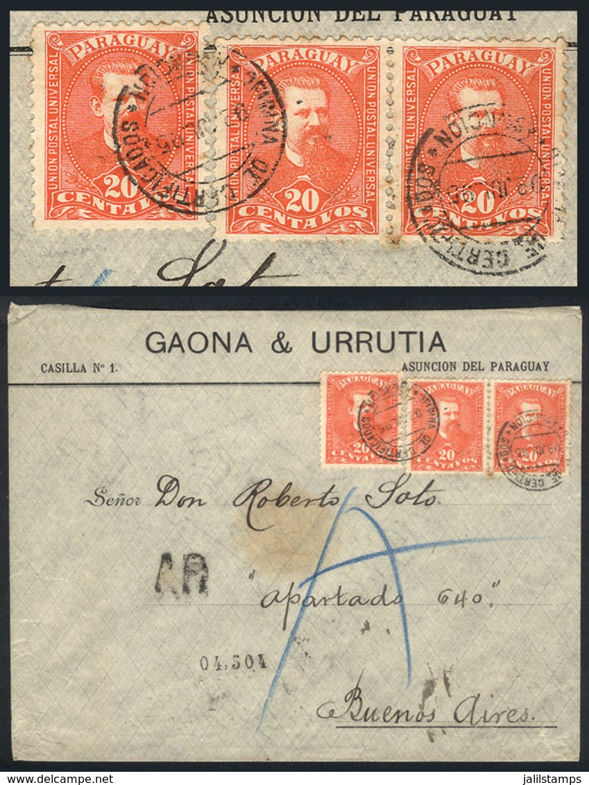 PARAGUAY: 9/JUL/1895 Asunción - Buenos Aires: Registered Cover With AR Franked With Sc.40 X3 (total Postage 60c.), Arriv - Paraguay