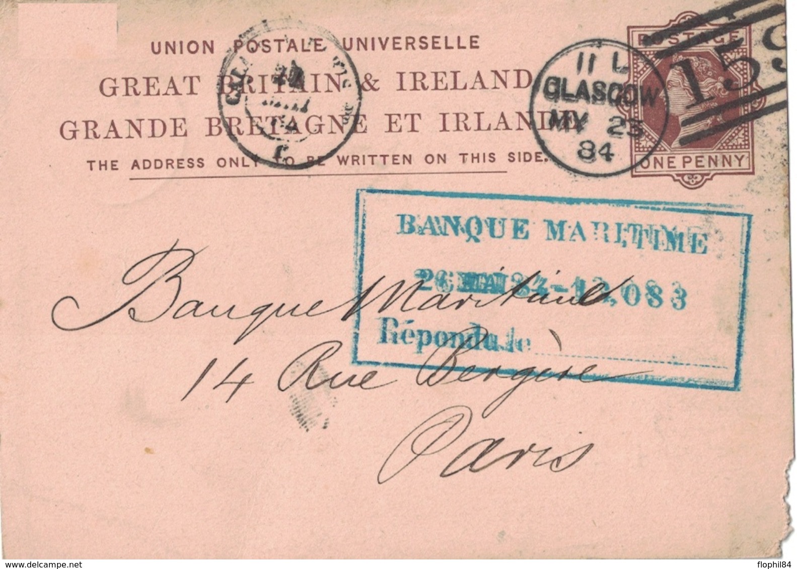 GRANDE BRETAGNE - GLASGOW - ENTIER POSTAL AVECREPIQUAGE UNION BANK EN 1884. - Lettres & Documents