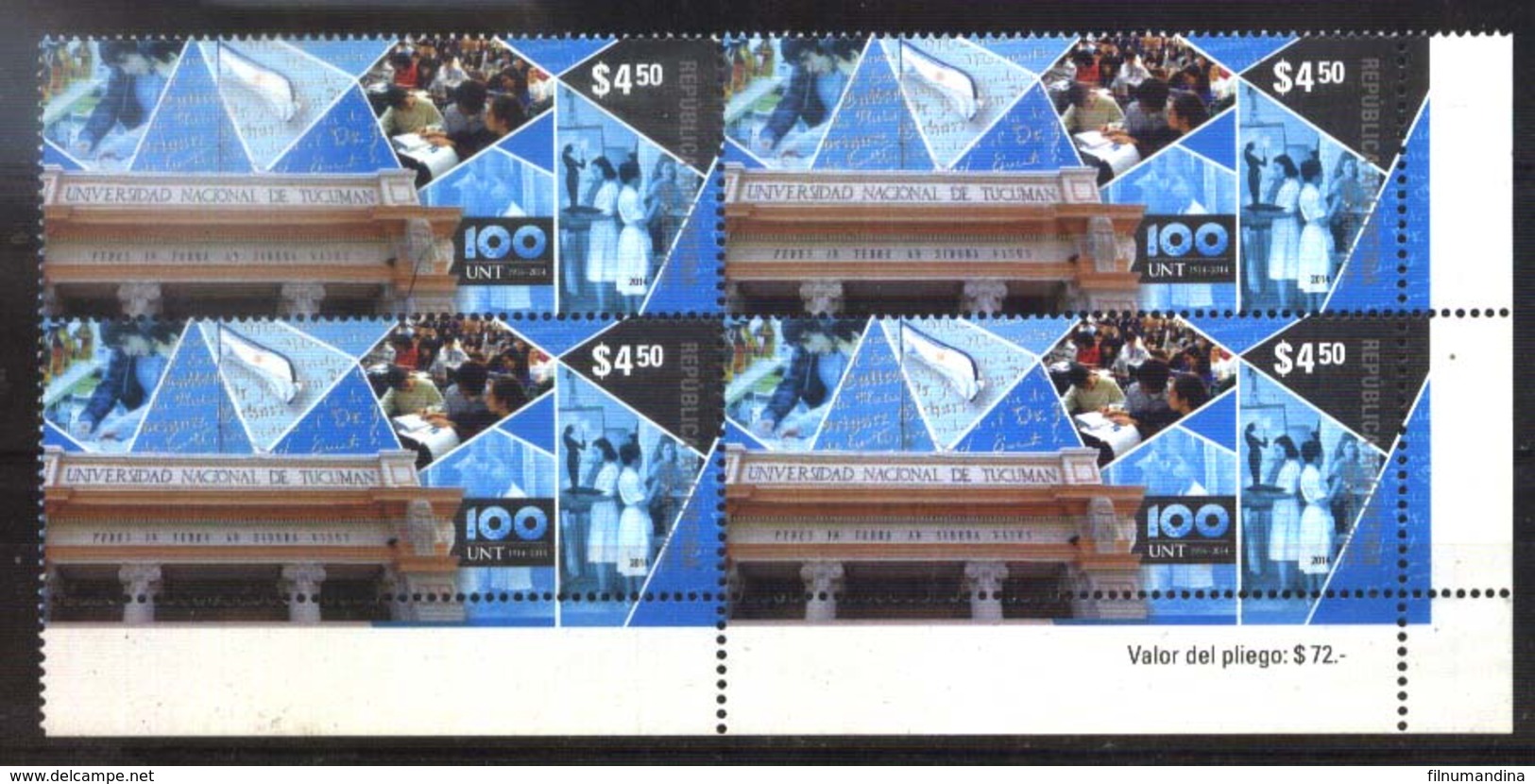 ARGENTINA ARGENTINE 2014 EDUCATION TUCUMAN UNIVERSITY ANIVERSARY CUADRE BLOC OF 4 YV 3043 MNH - Ungebraucht