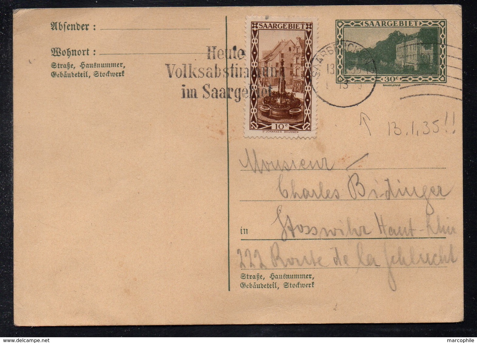 SARRE - SAARGEBIET / 13-1-1935 SAARBRÜCKEN - PLEBISCITE - ENTIER POSTAL POUR LA FRANCE / COTE 78 EUROS (ref 7640) - Entiers Postaux