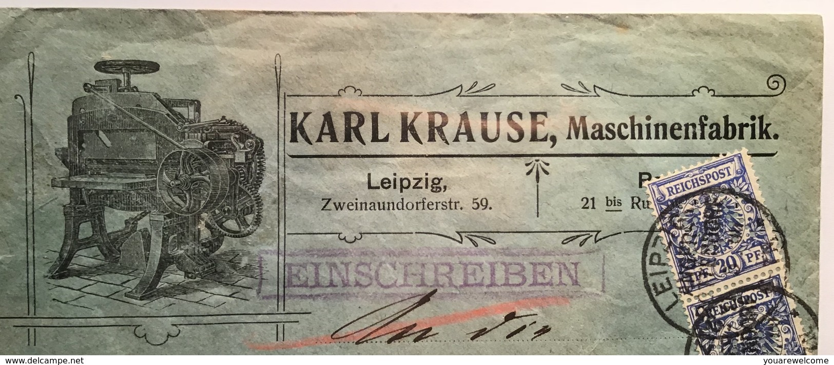 Deutsches Reich Mi 48 PERFIN „KK“ KARL KRAUSE MASCHINENFABRIK Werbung Brief „LEIPZIG ANGER ROTTENDORF 1900“ (machine - Lettres & Documents