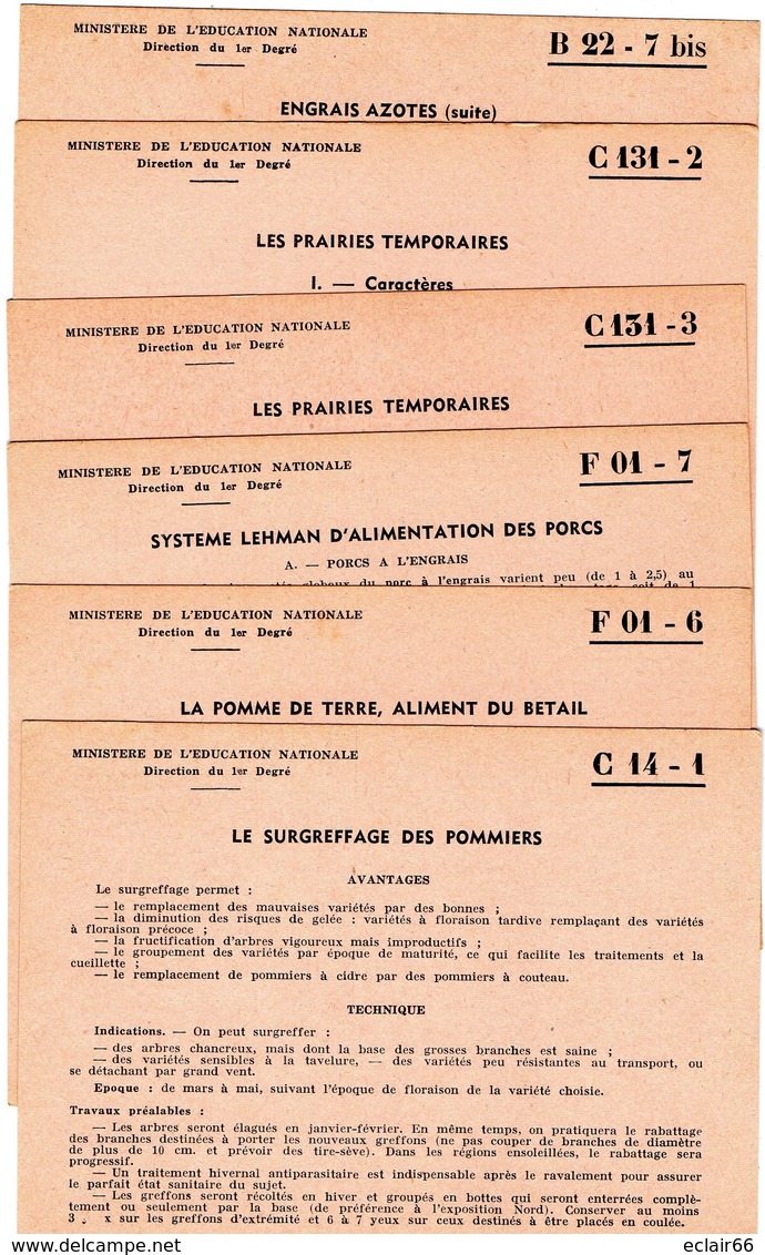 26 Fiches MINISTERE EDUCATION NATIONAL  Centre De Documentation Pédagogique  De Caen Année 1956- 1957 Impeccable Scannes - Learning Cards