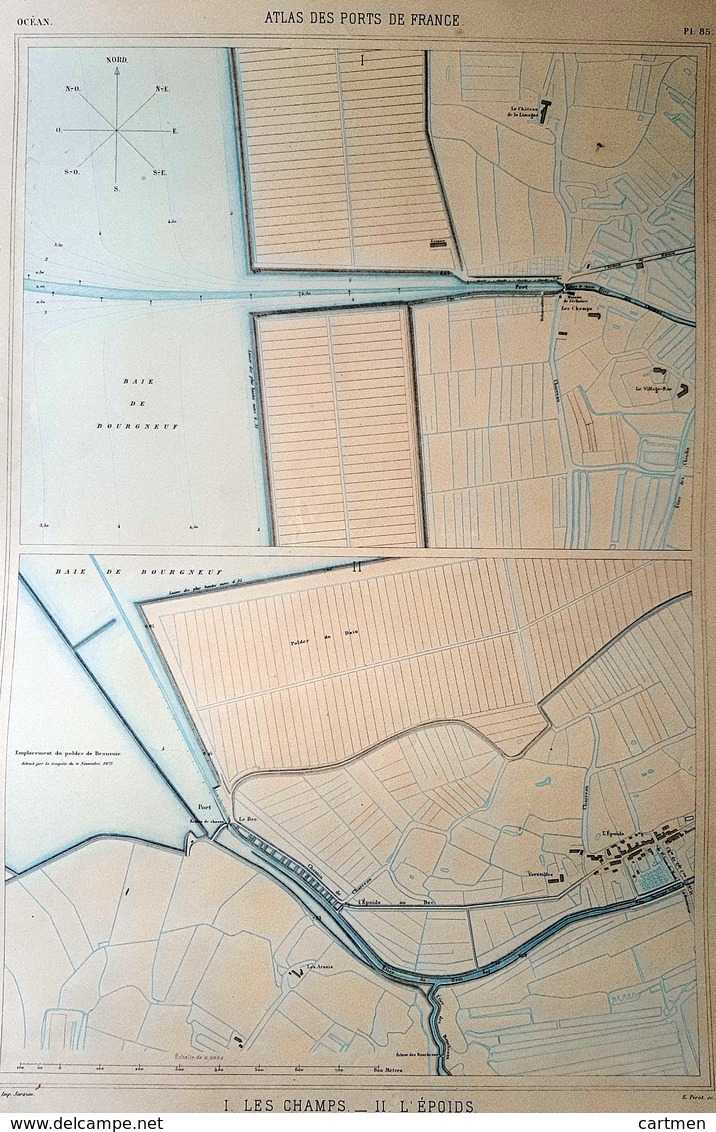 17 LES CHAMPS L'EPOIDS   PLAN DU PORT ET DE LA VILLE  EN 1882 DE L'ATLAS DES PORTS DE FRANCE 49 X 67 Cm - Carte Nautiche