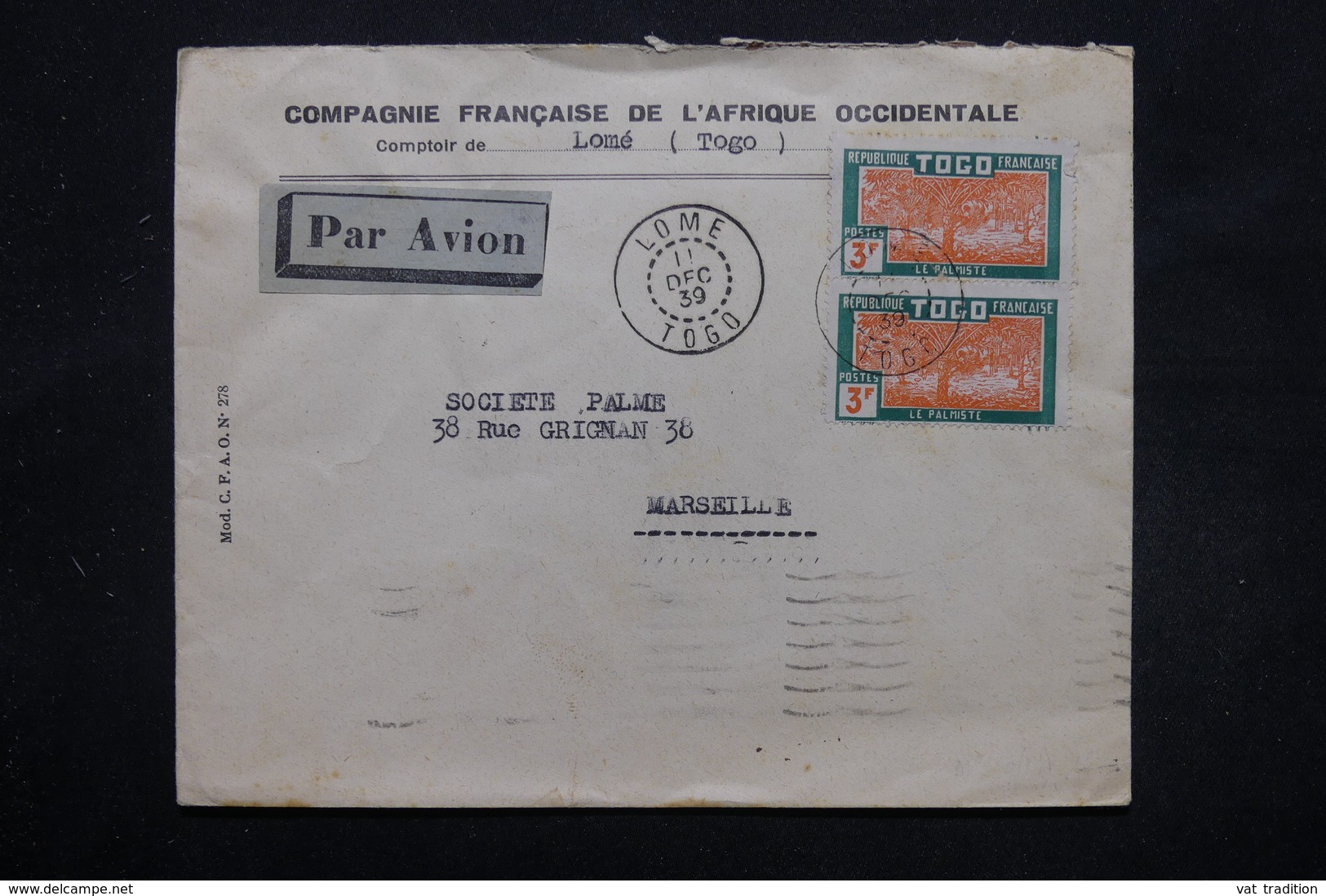 TOGO - Enveloppe Commerciale De Lomé Pour Marseille En 1939 , Affranchissement Plaisant , Contrôle Postal - L 27823 - Briefe U. Dokumente