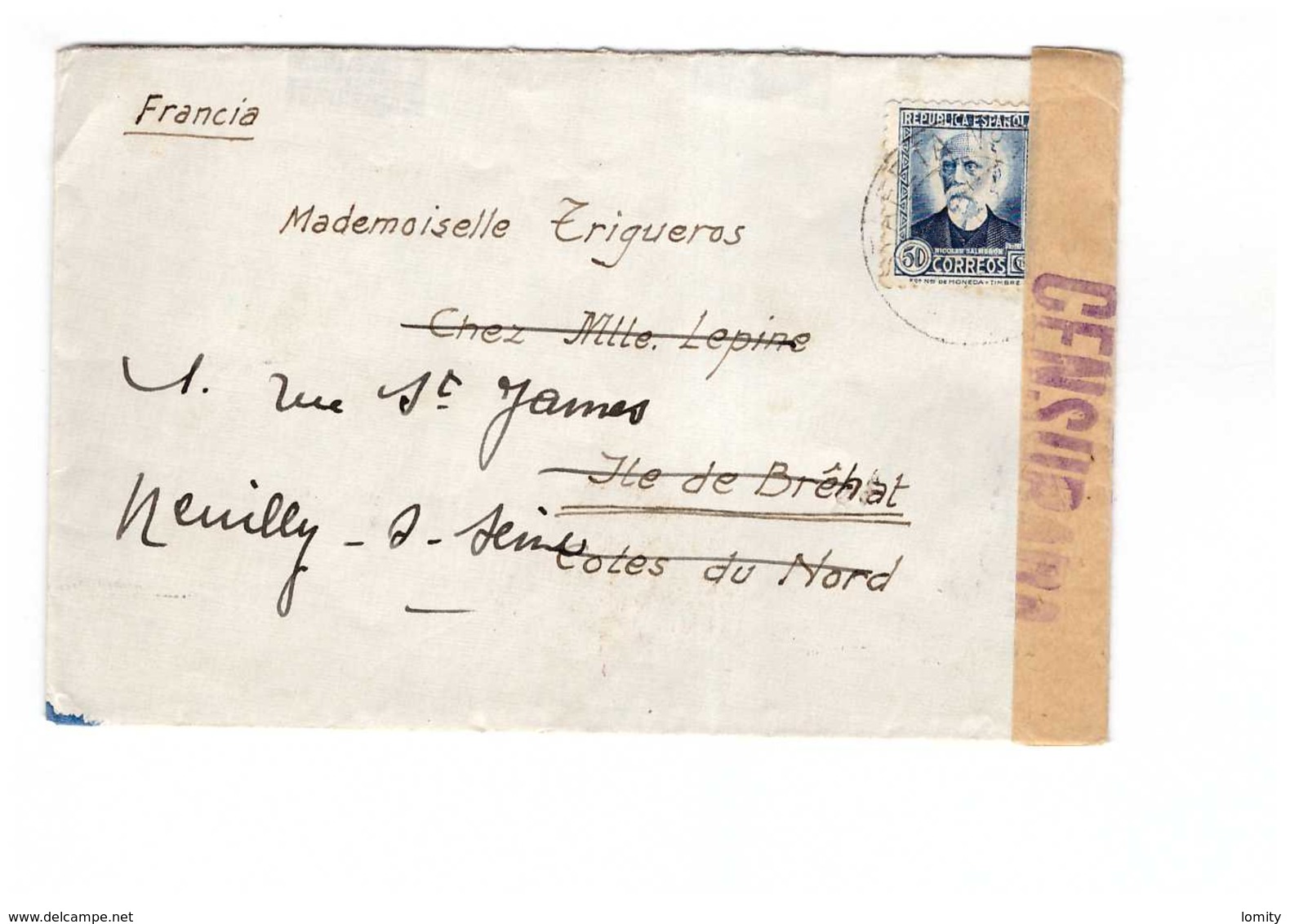 Espagne Lettre 1936 Marque De Censure à Destination France Ile De Bréhat Redirigée à Neuilly Sur Seine - Marques De Censures Républicaines