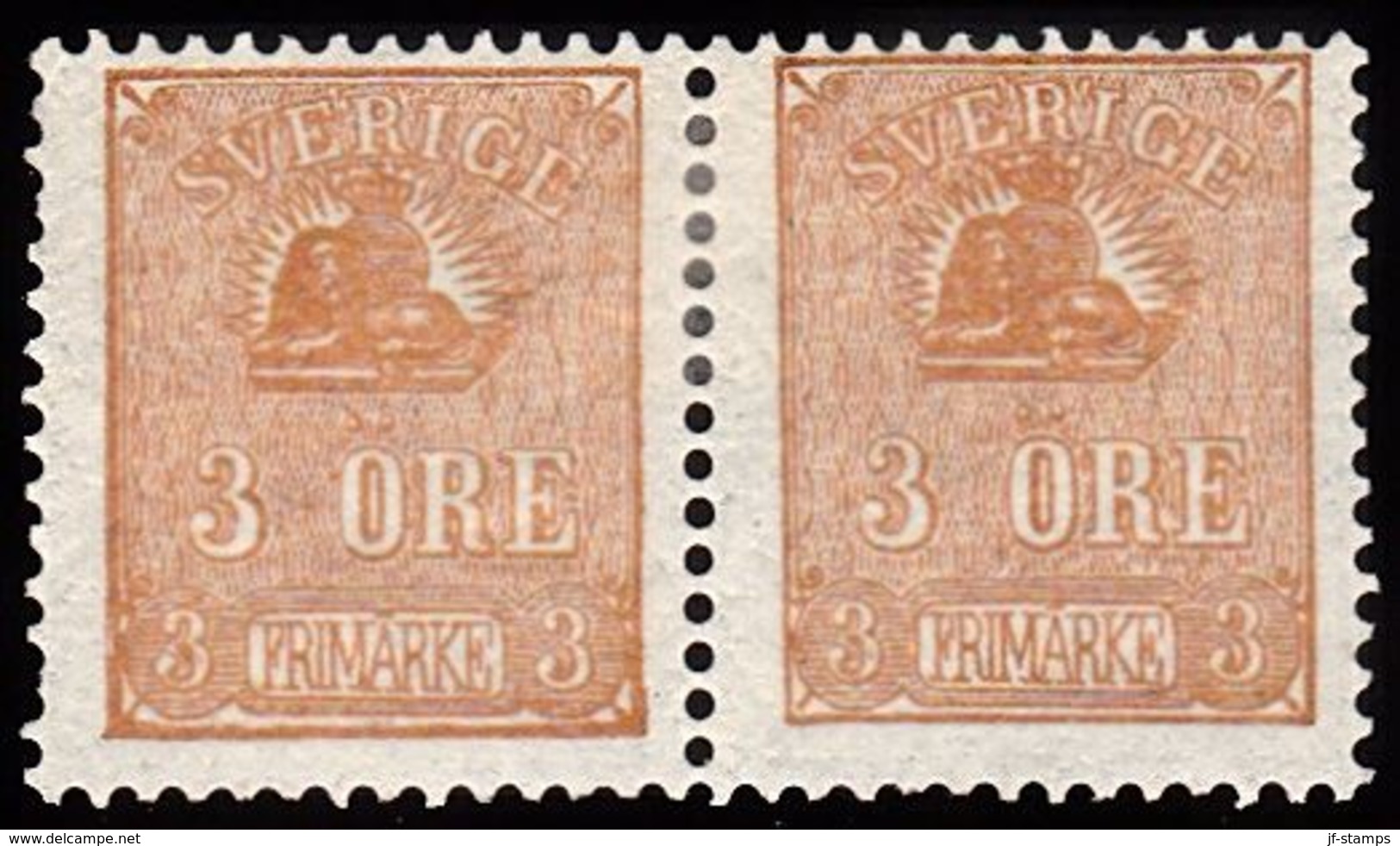 1862 - 1869. Lying Lion. 3 öre Bister Brown. Reprint 1885. Only 2000 Issued. Pair. Ve... (Michel ND 14) - JF100770 - Unused Stamps