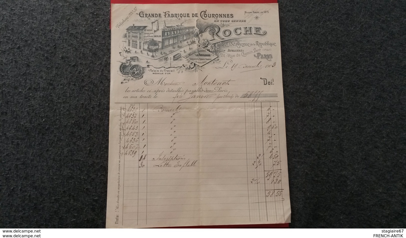 FACTURE GRANDE FABRIQUE DE COURONNES ROCHE PARIS 1903 - Autres & Non Classés