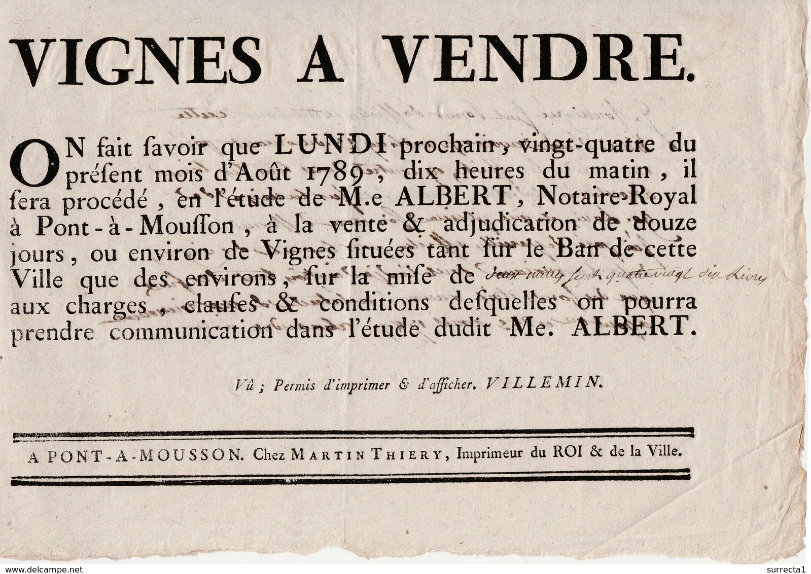 Affiche 1789 " VIGNES A VENDRE " Pont à Mousson 54 Meurthe Et Moselle / Mise à Prix 2790 Livres - ... - 1799