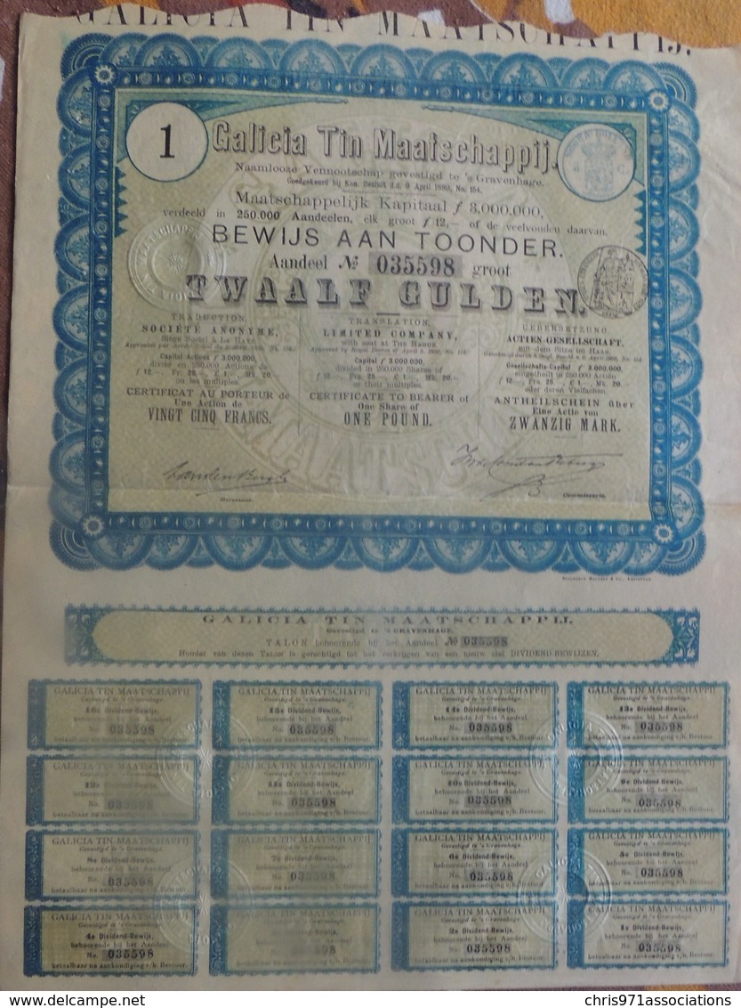 Certificat De 25 Francs Au Porteur Galicia Tin Maatschappij 1889 - G - I