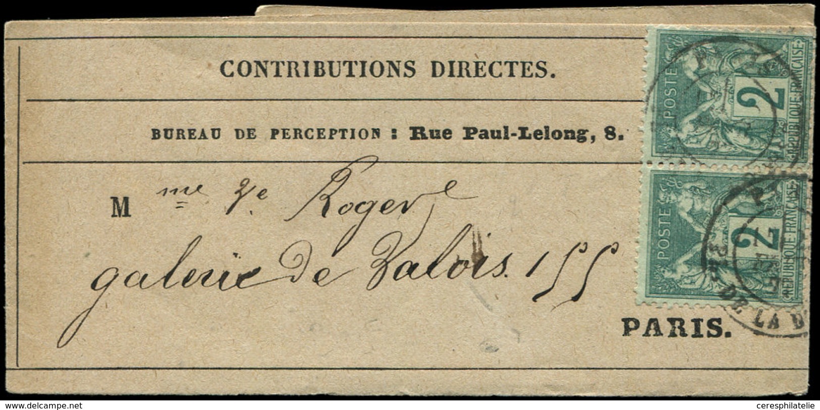 Let TYPE SAGE SUR LETTRES - N°74 PAIRE Obl. Càd PARIS 2(3)/2/77 Sur Bande, TB - 1877-1920: Période Semi Moderne