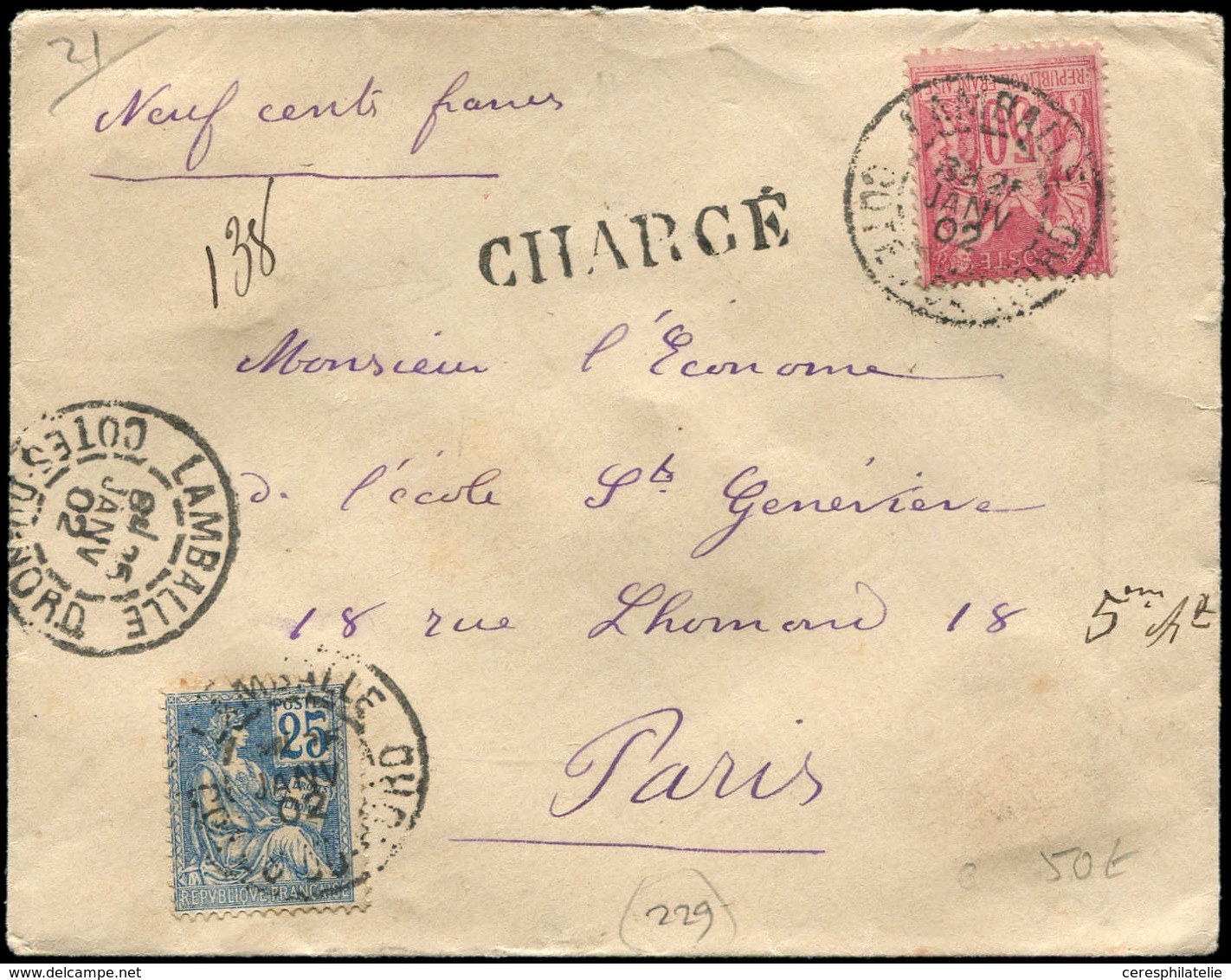 Let Recommandés, Chargés, Par Départements - 21/COTES DU NORD N°104 Et 114 Obl. Càd LAMBALLE 25/1/02 Sur Env. CHARGE, TB - 1877-1920: Période Semi Moderne