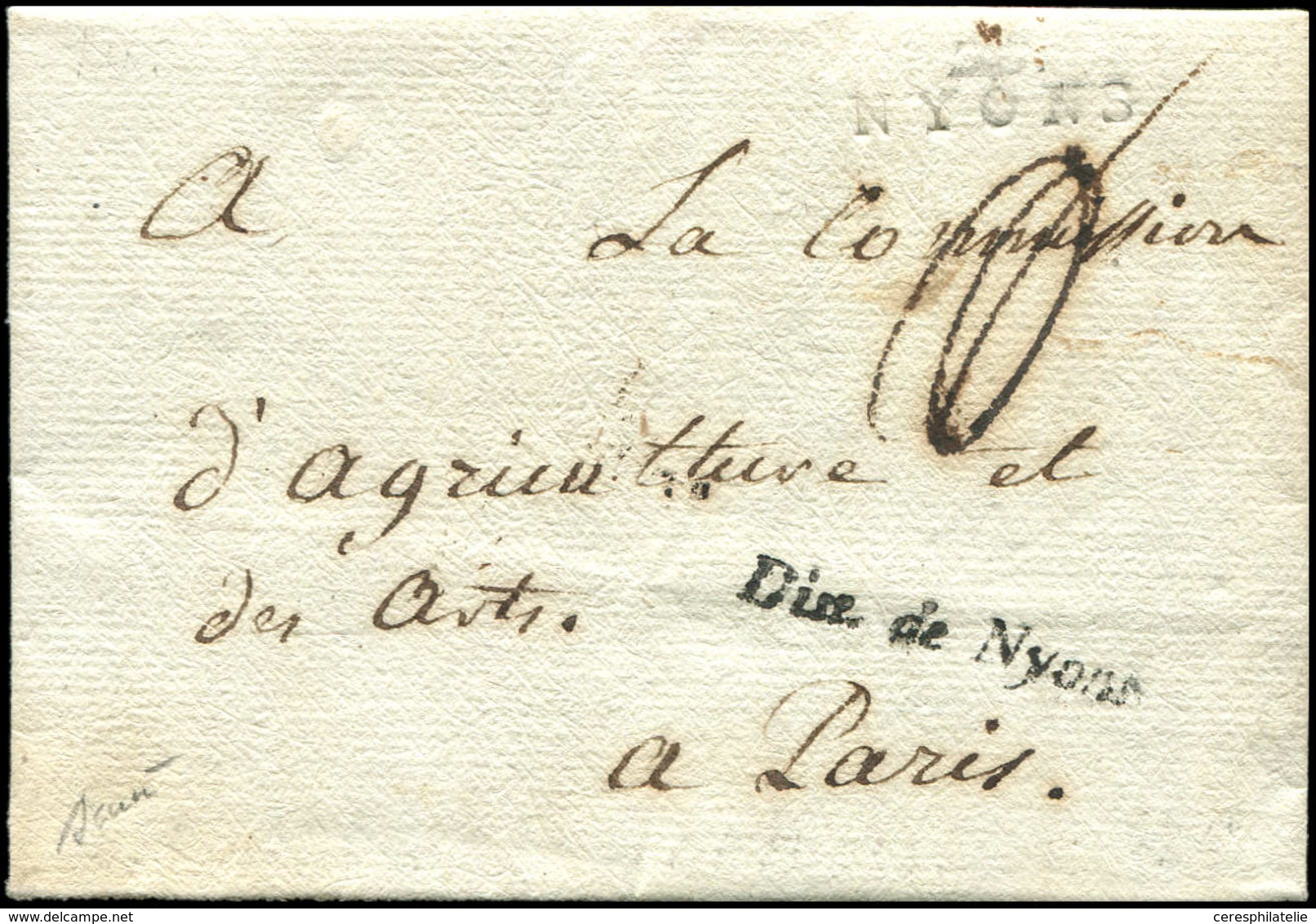 Let OBLITERATIONS PAR DEPARTEMENTS - 25/DROME MP 25/NYONS Et Cursive Dist. De Nyons Sur LAC De L'An III, TB, RR - 1849-1876: Période Classique