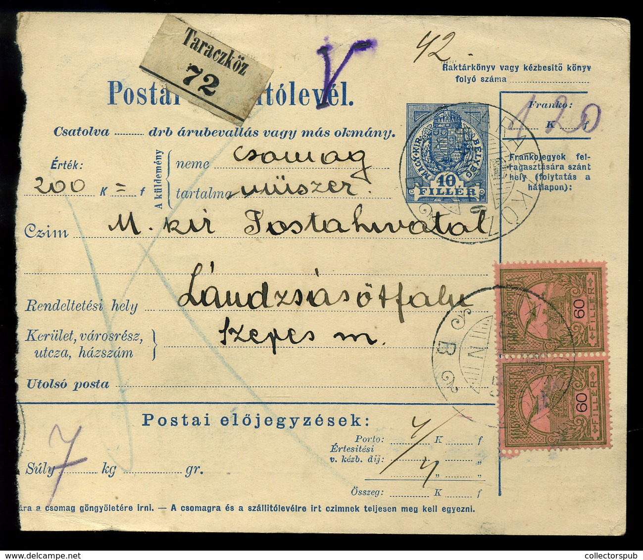 TARACKÖZ 1915. Csomagszállító Lándzsásötfalura Küldve  /   Parcel P.card To Lándzsásötfalu - Oblitérés