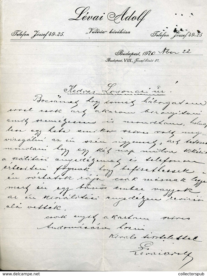 BUDAPEST 1920. Valéria Kávéház Fejléces Levél, Lévai Adolf Kávéház Tulajdonos Levele.  /  Café Valéria Letterhead Letter - Non Classés