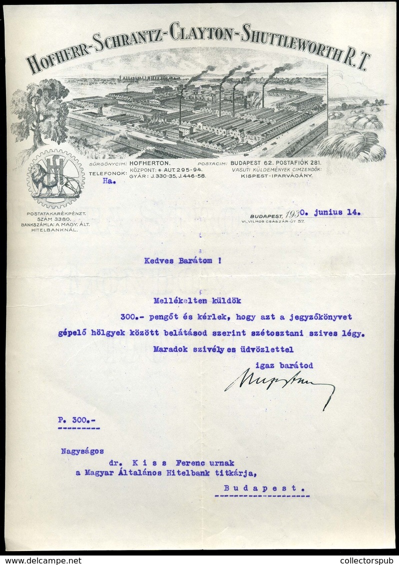 BUDAPEST 1930. Hofherr-Schrantz-Clayton-Shuttleworth Rt. Fejléces Céges Számla    /   Decorative Letterhead Bill - Non Classés