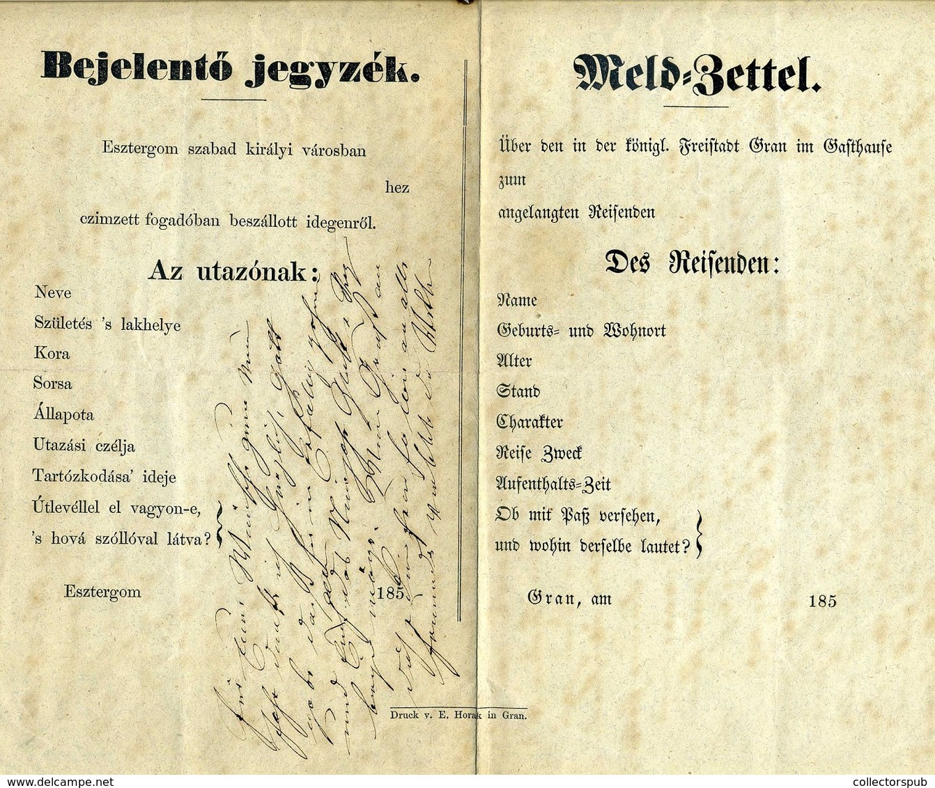 ESZTERGOM 1856. Kétnyelvű Bejelentő Jegyzék Fogadó Vendégek Részére  /  Bilingual Public Inn Book For Guests - Non Classés