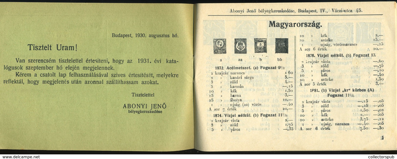 BUDAPEST 1930. Postázott Abonyi Bélyegárjegyzék Balatonfüredre Küldve. Szép!  /  BUDAPEST 1930 Mailed Abony Stamp Price  - Lettres & Documents