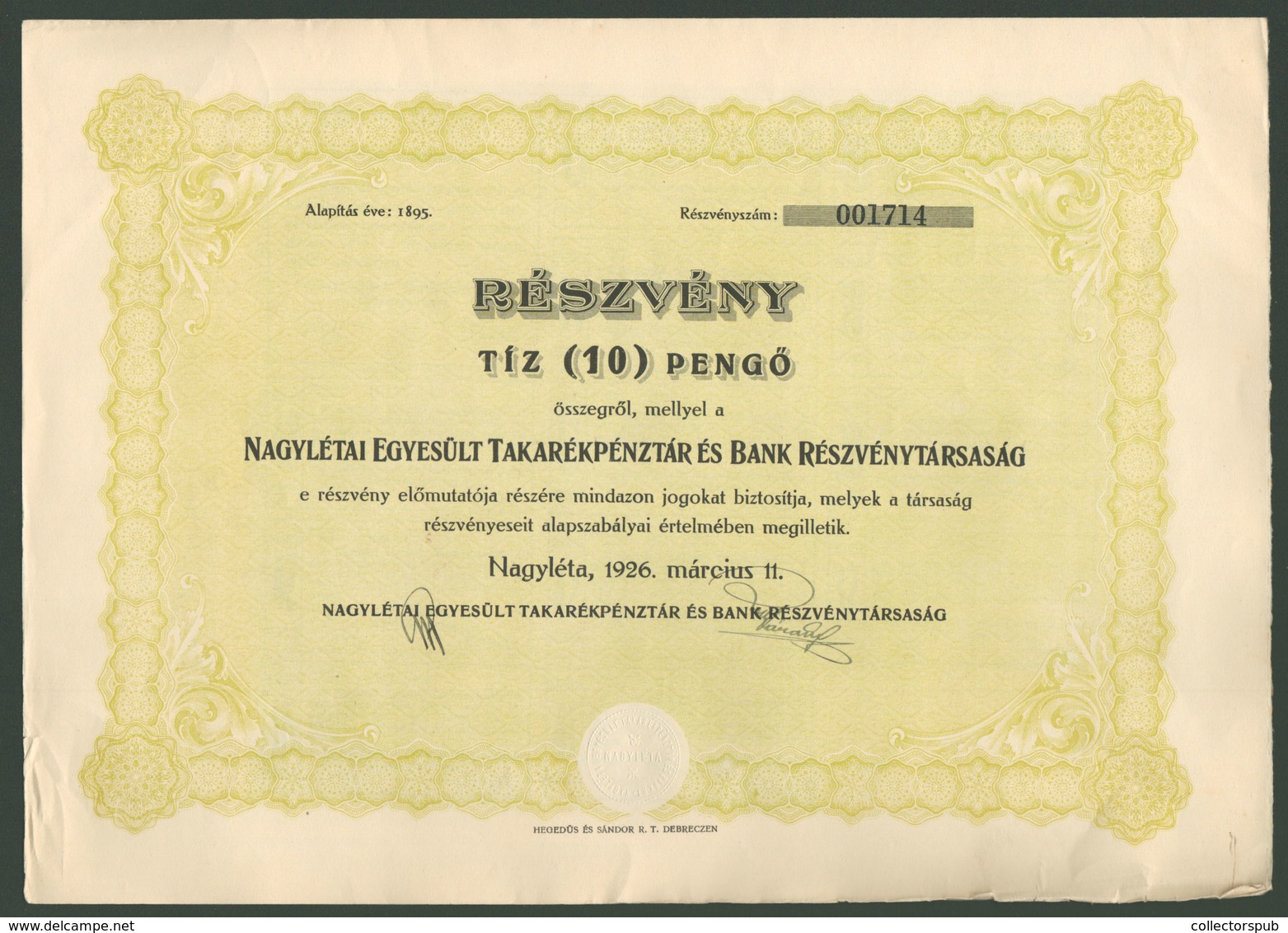 NAGYLÉTAI Egyesült Takarékpénztár Részvény 1926  /  United Savings Bank Share - Non Classés