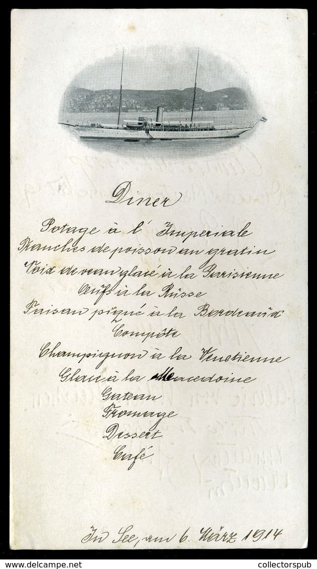 MENÜKÁRTYA  1914  Osztrák-Magyar Hajó , Dekoratív, Ritka Darab!  /  MENU CARD Austro-Hungarian Ship Decorative, Rare - Menus