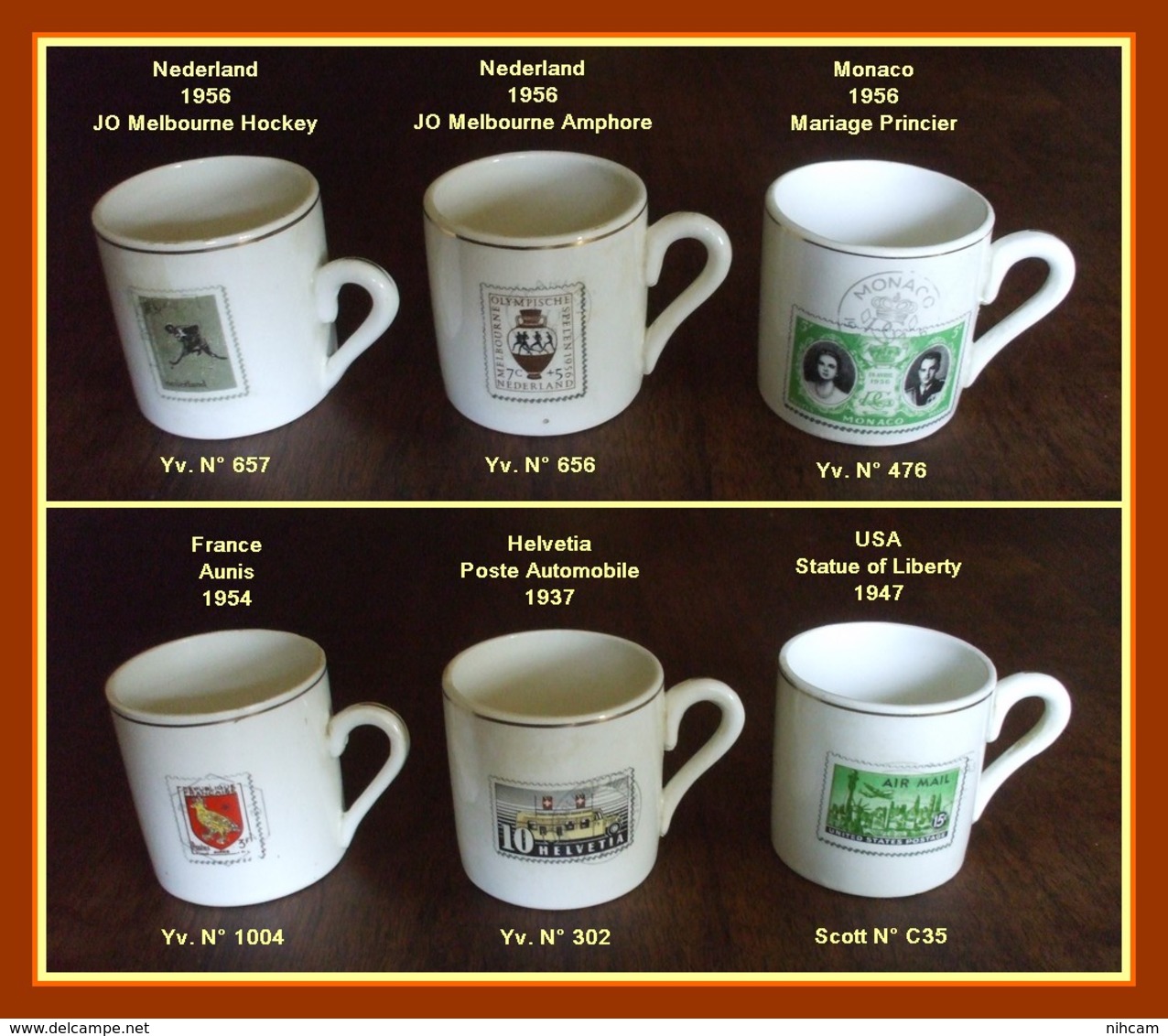 Service 6 Tasses Porcelaine Anciennes Imprimées Timbres Et Dorure (R) Voir Sur Scan ! - Cups