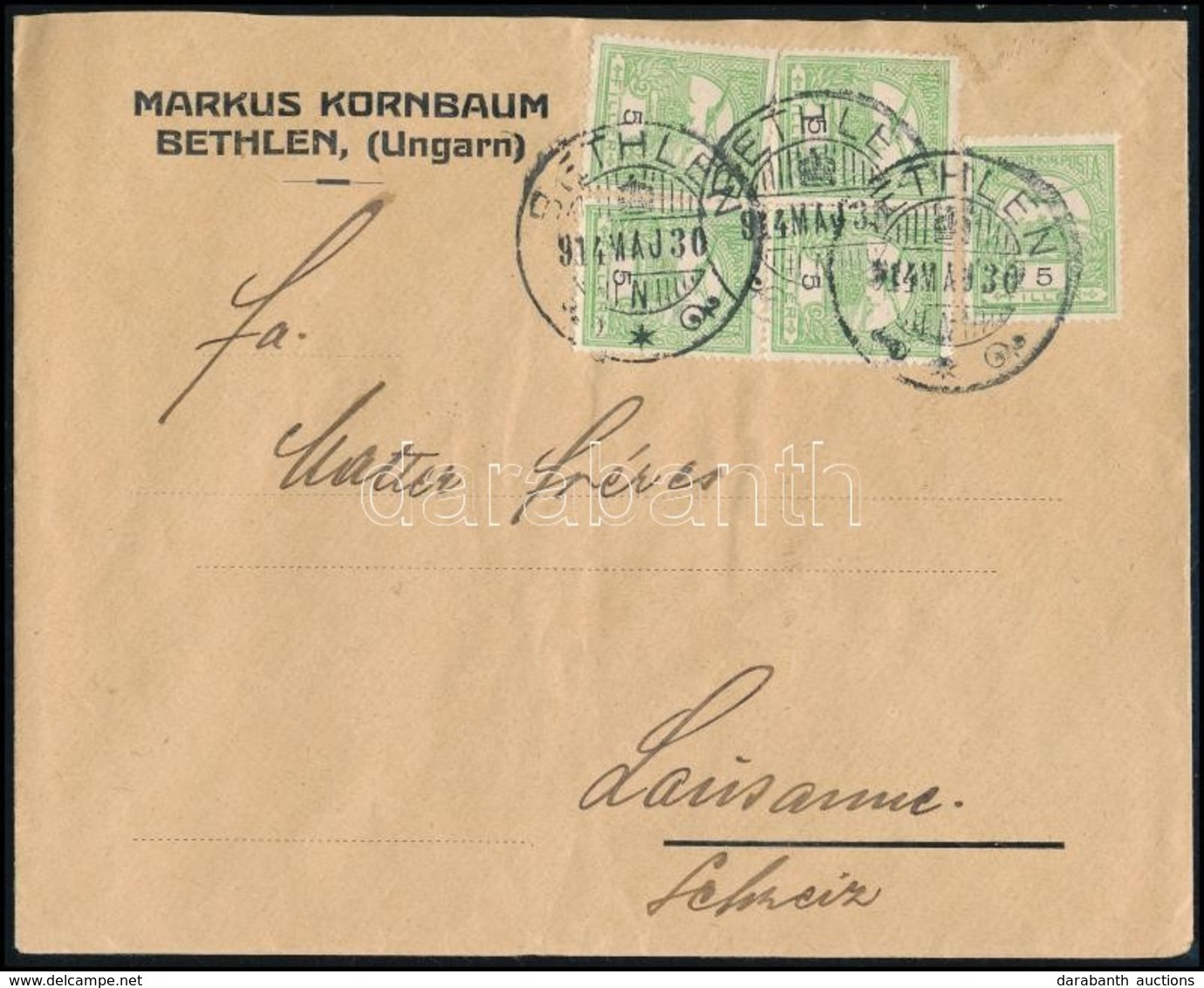 1914 Levél Turul 5 X 5f Bérmentesítéssel / Cover With 25f Franking 'BETHLEN' - 'LAUSANNE' - Autres & Non Classés