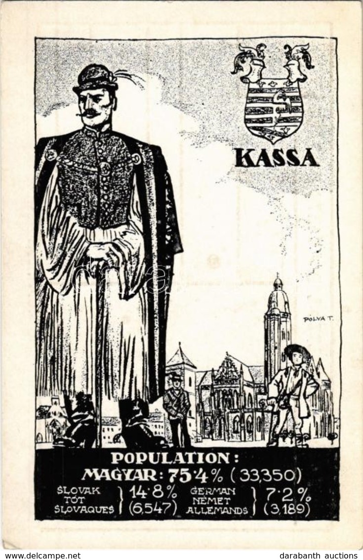 ** T1/T2 Kassa, Kosice; Magyar, Tót és Német Nemzetiségek Népesség Aránya. Címer, Pátria Rt. Kiadása / Percentage Of Hun - Non Classés