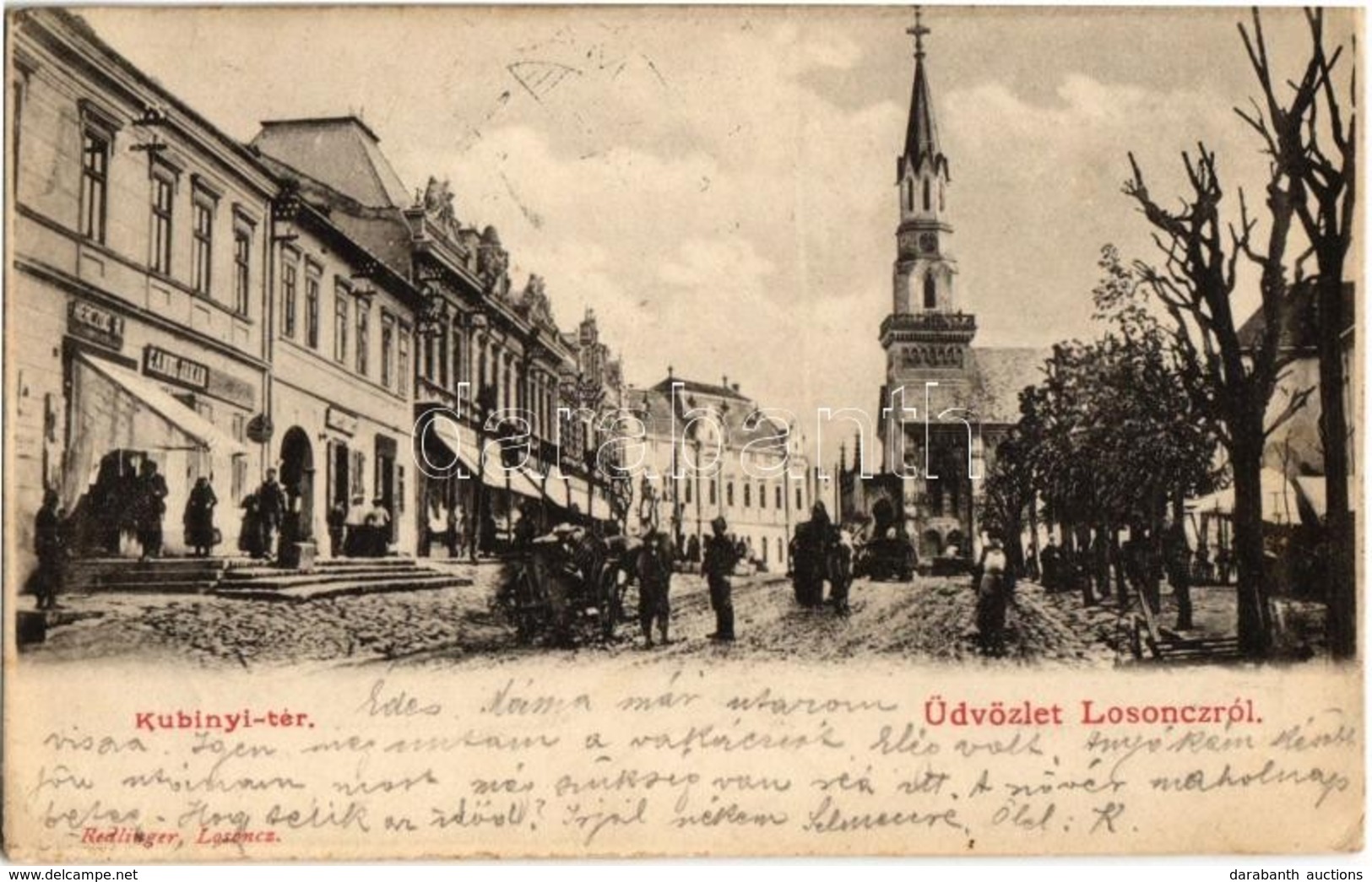 T2/T3 1902 Losonc, Lucenec; Kubinyi Tér, Templom, Herczog R. és Gandl Jakab üzlete / Square, Church, Shops (EK) - Non Classés