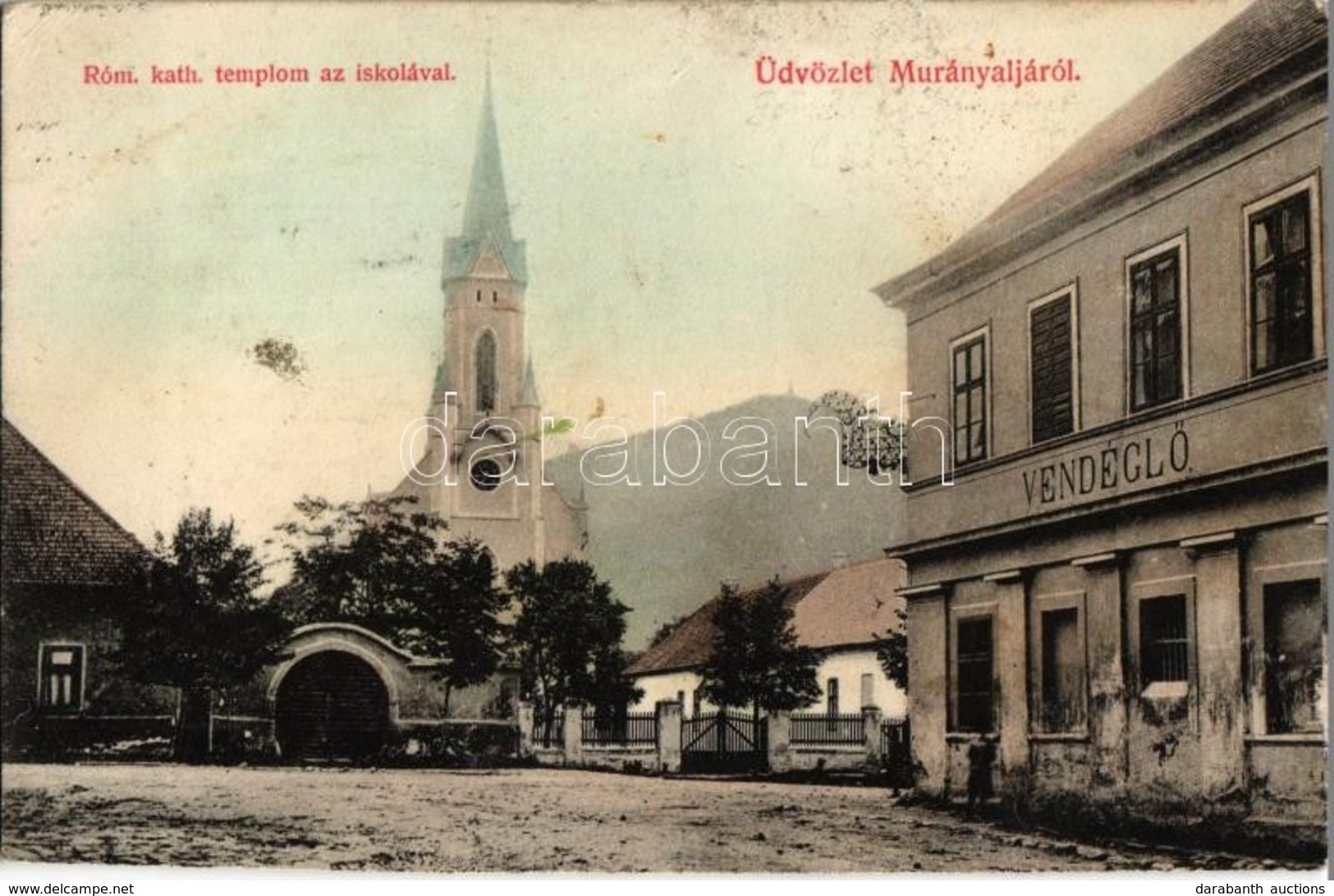 T3 1908 Murány, Murányalja, Murán; Római Katolikus Templom és Iskola, Vendéglő / Church, School, Restaurant (vágott / Cu - Non Classés