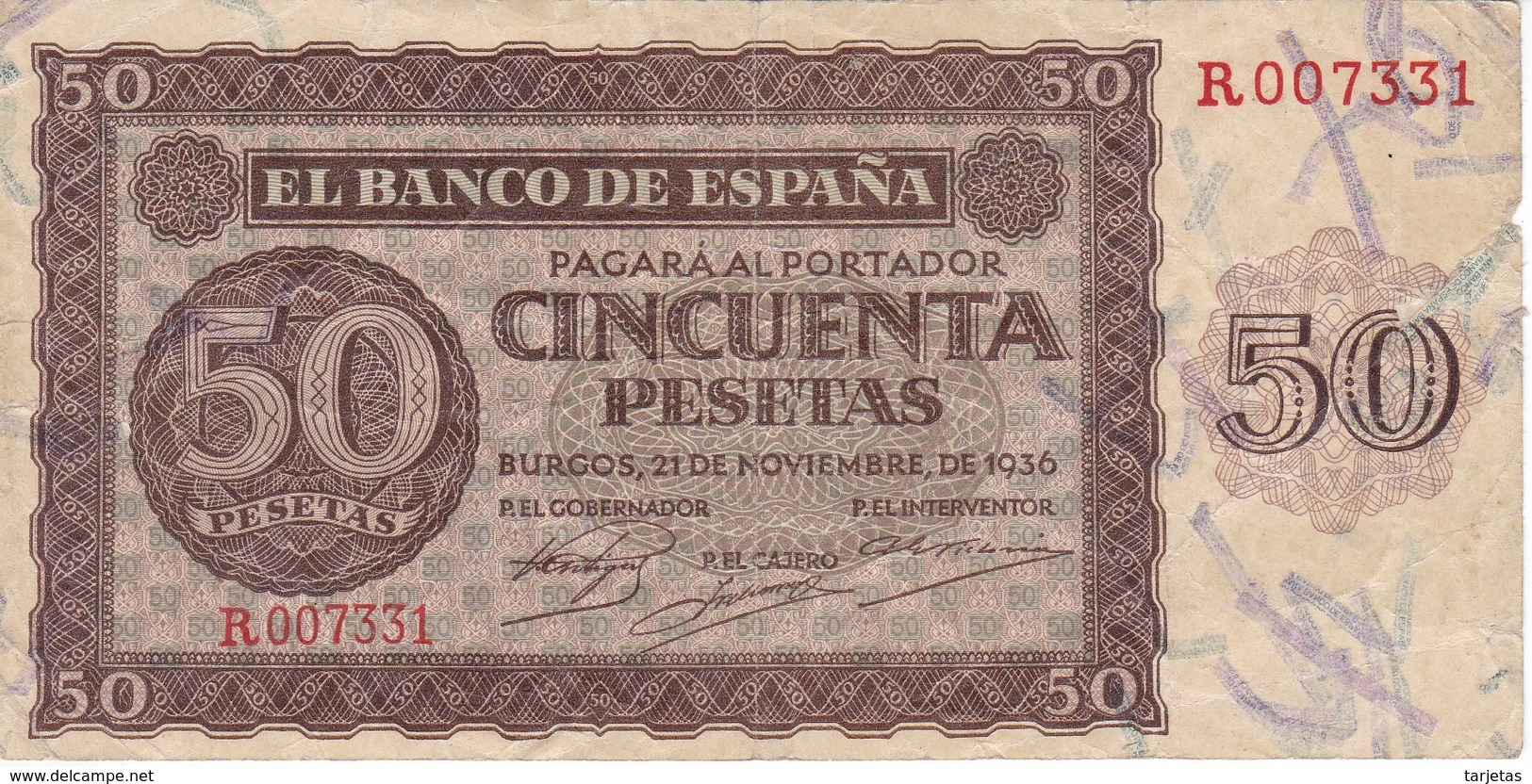 BILLETE DE BURGOS DE 50 PTAS DEL 21/11/1936 SERIE R  (BANKNOTE) - 50 Pesetas