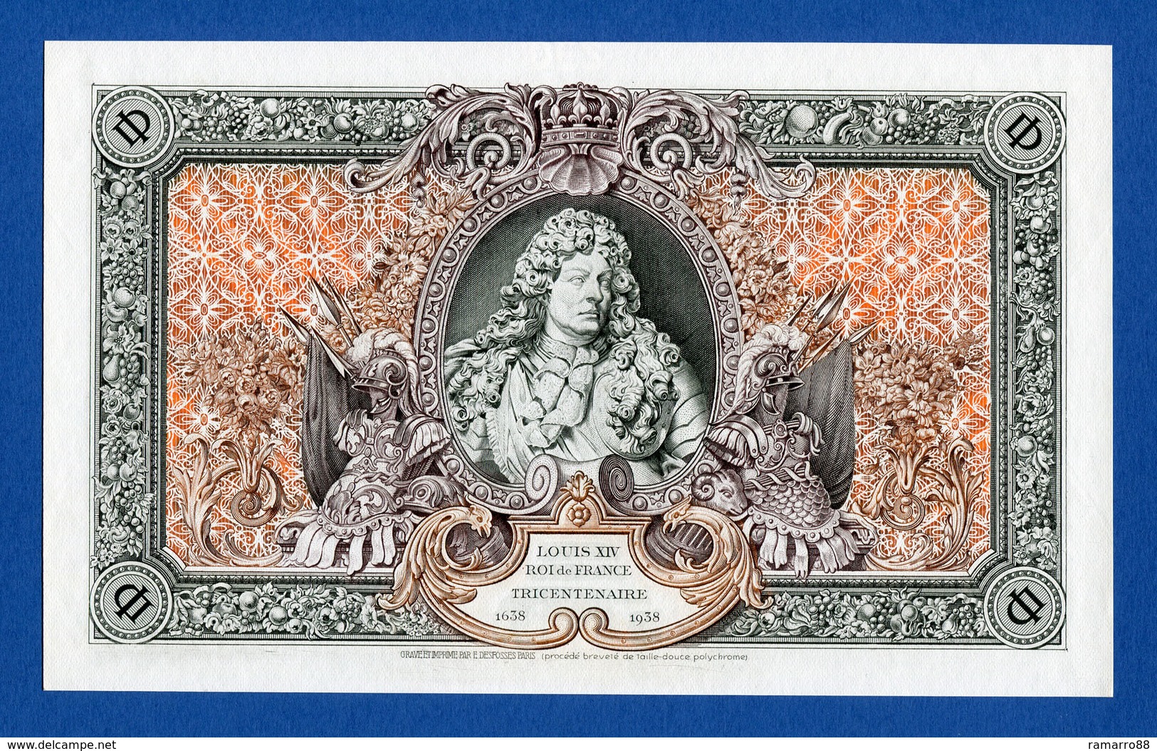 France - E. Desfossés - King Louis XIV 300 Years 1938 Very Rare Specimen Test Note Unc- - Specimen