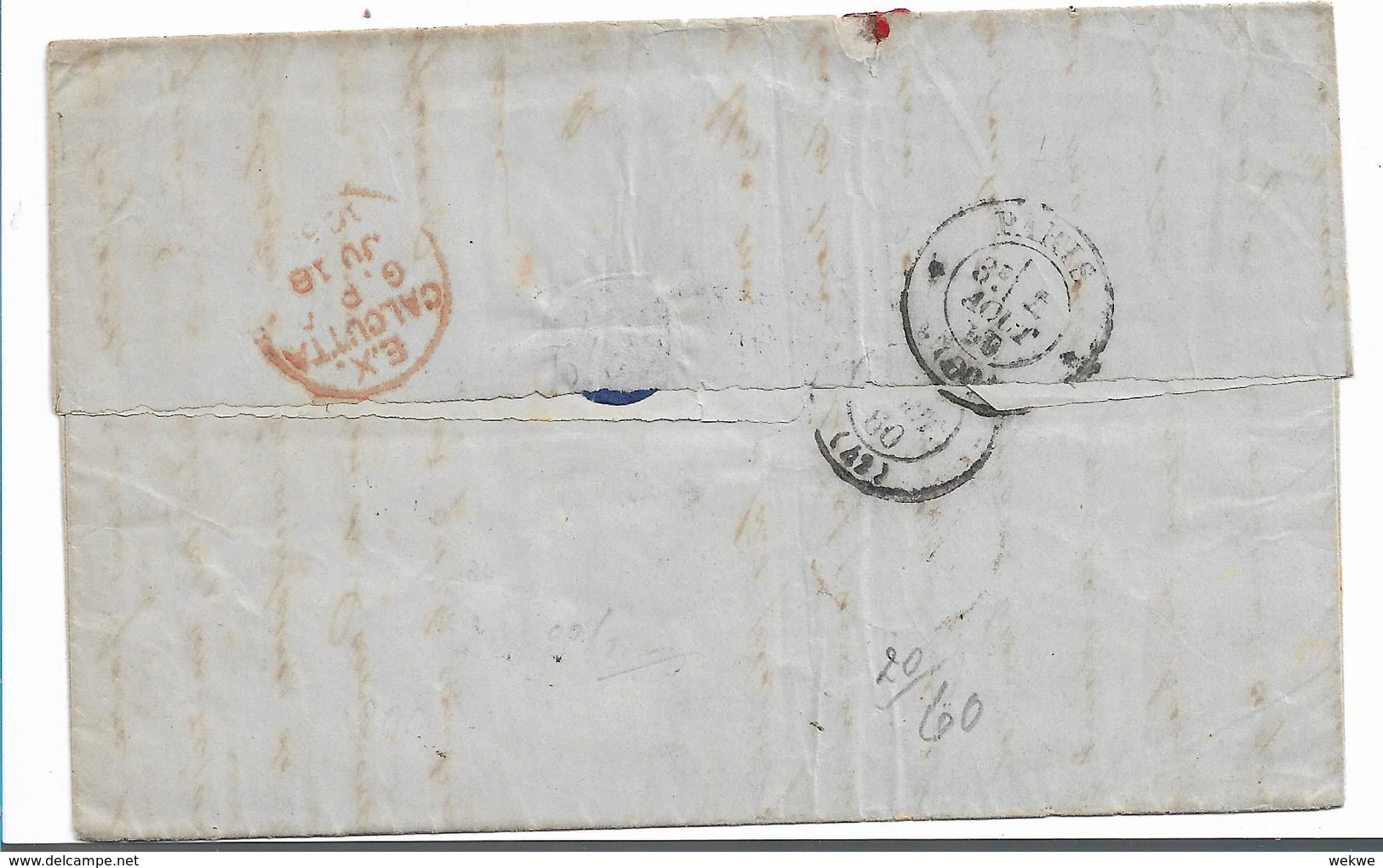 IB061a/ INDIEN (brit.) Kalkutta 1860, INDIAUNPAID  NACH NANTES/Frankreich - Via Suez - 1858-79 Compagnie Des Indes & Gouvernement De La Reine